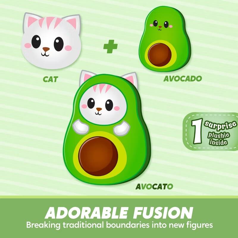 CAT + AVOCADO = AVOCATO  
1 surprise plushie inside  
ADORABLE FUSION  
Breaking traditional boundaries into new figures