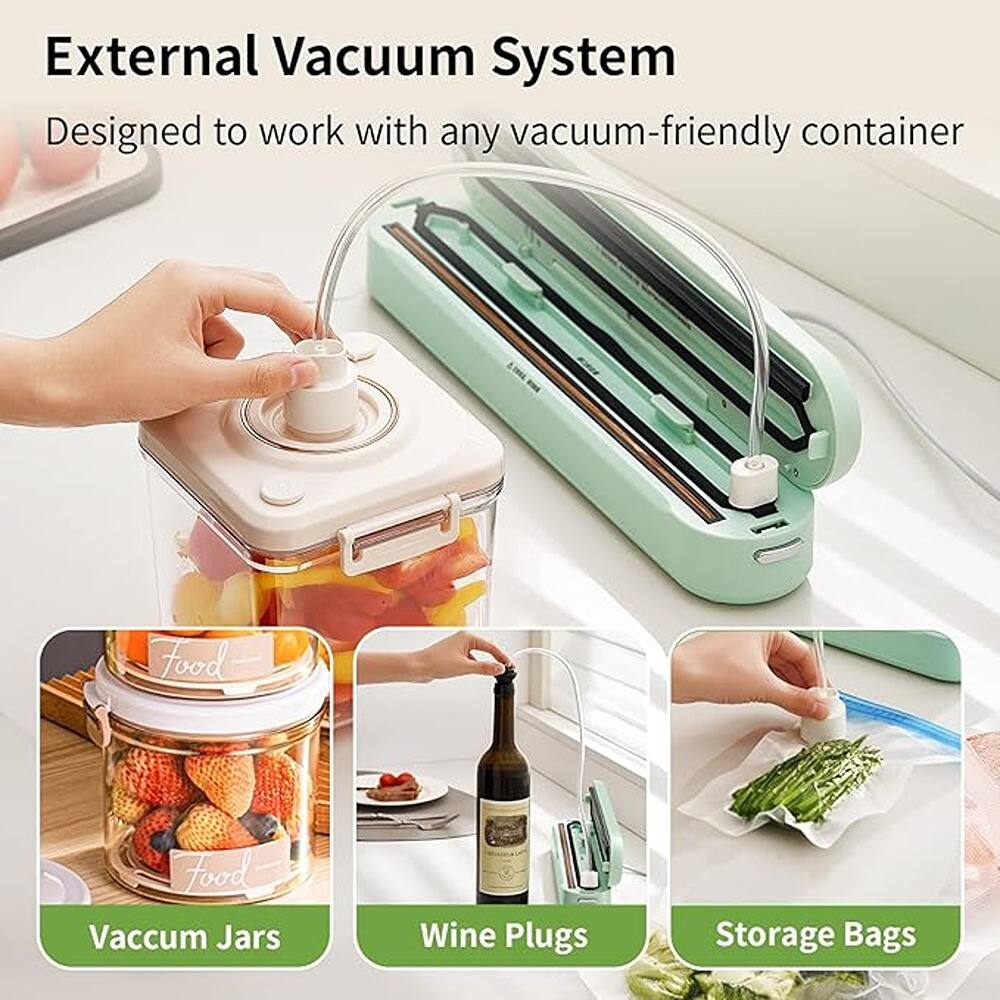 External Vacuum System  
Designed to work with any vacuum-friendly container  

Vacuum Jars  
Wine Plugs  
Storage Bags