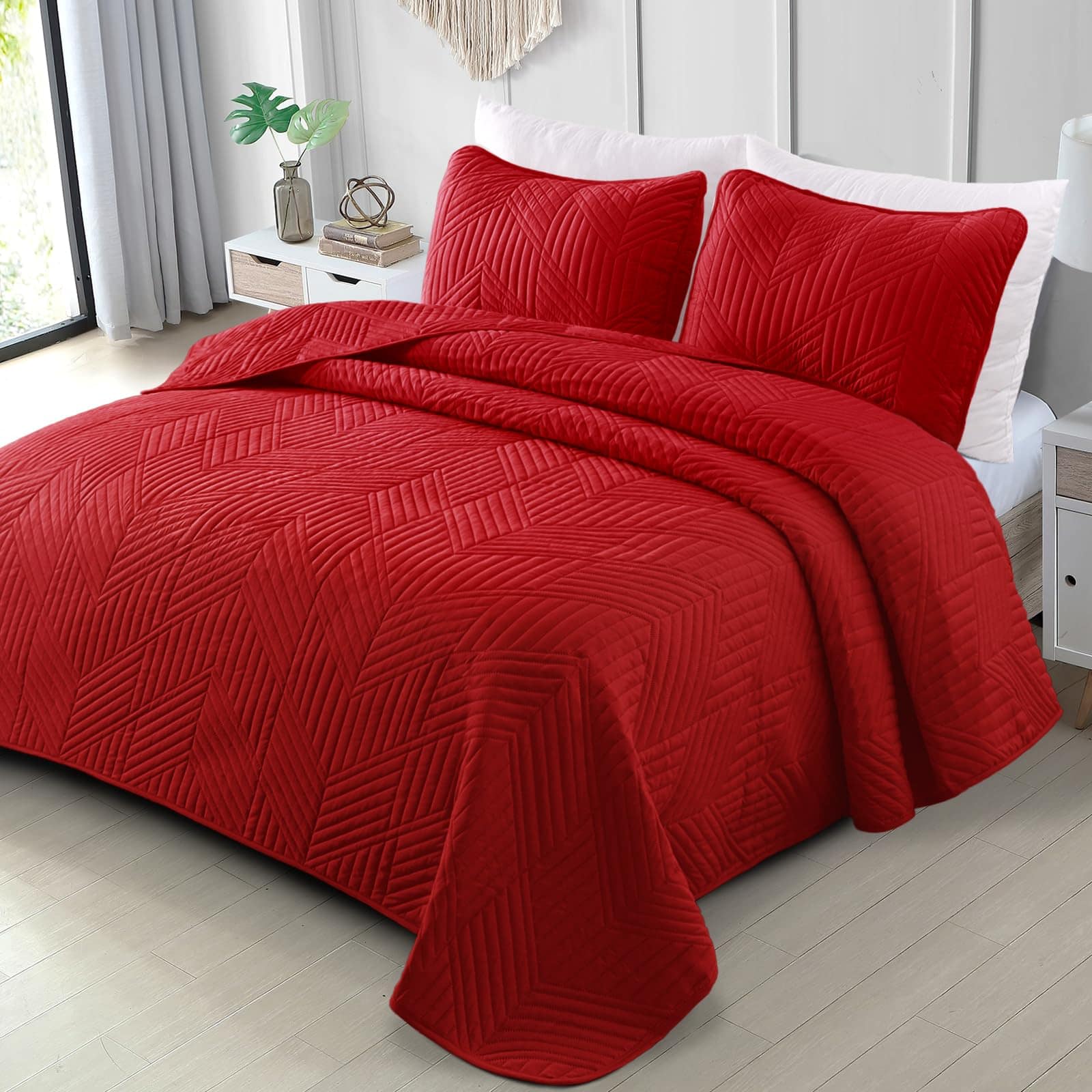 NICHOLAS KLEIN - Ultrasonic Full Queen Quilt Bedding Set Lightweight Brich Beige Bedspreads Soft Modern Geometric Coverlet F - Red King (96"x104")