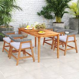 Gymax - 5PCS Patio Dining Set Solid Wood Furniture w/ Rattan Backrest & Seat Cushions - Mix Gray