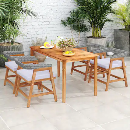 Front. Gymax - Gymax 5PCS Patio Dining Set Solid Wood Furniture w/ Rattan Backrest & Seat Cushions - Mix Gray.