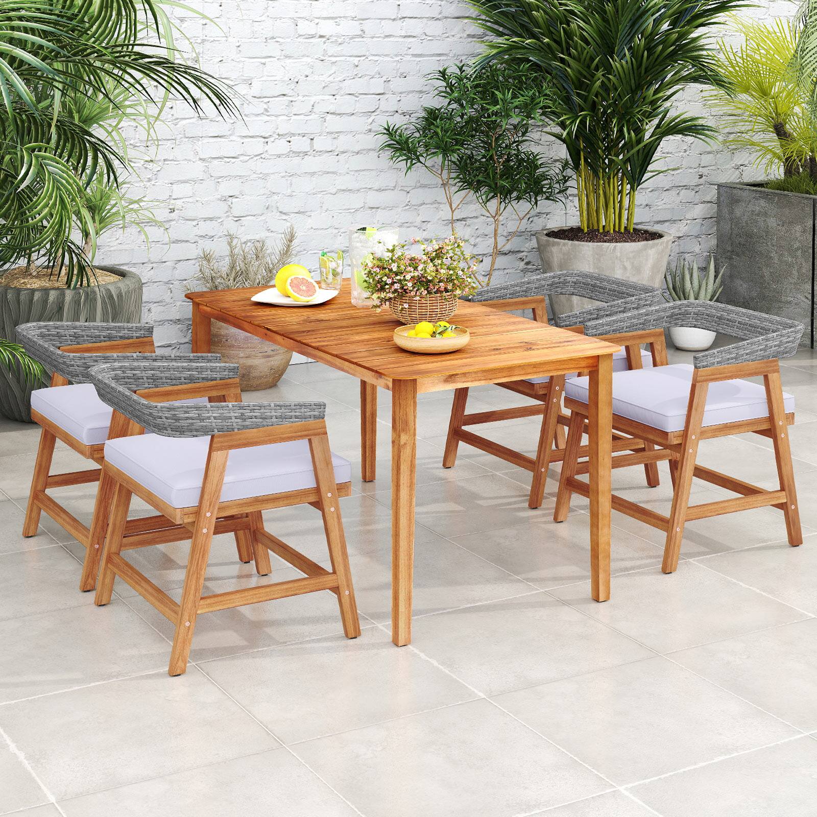 Front. Gymax - Gymax 5PCS Patio Dining Set Solid Wood Furniture w/ Rattan Backrest & Seat Cushions - Mix Gray.