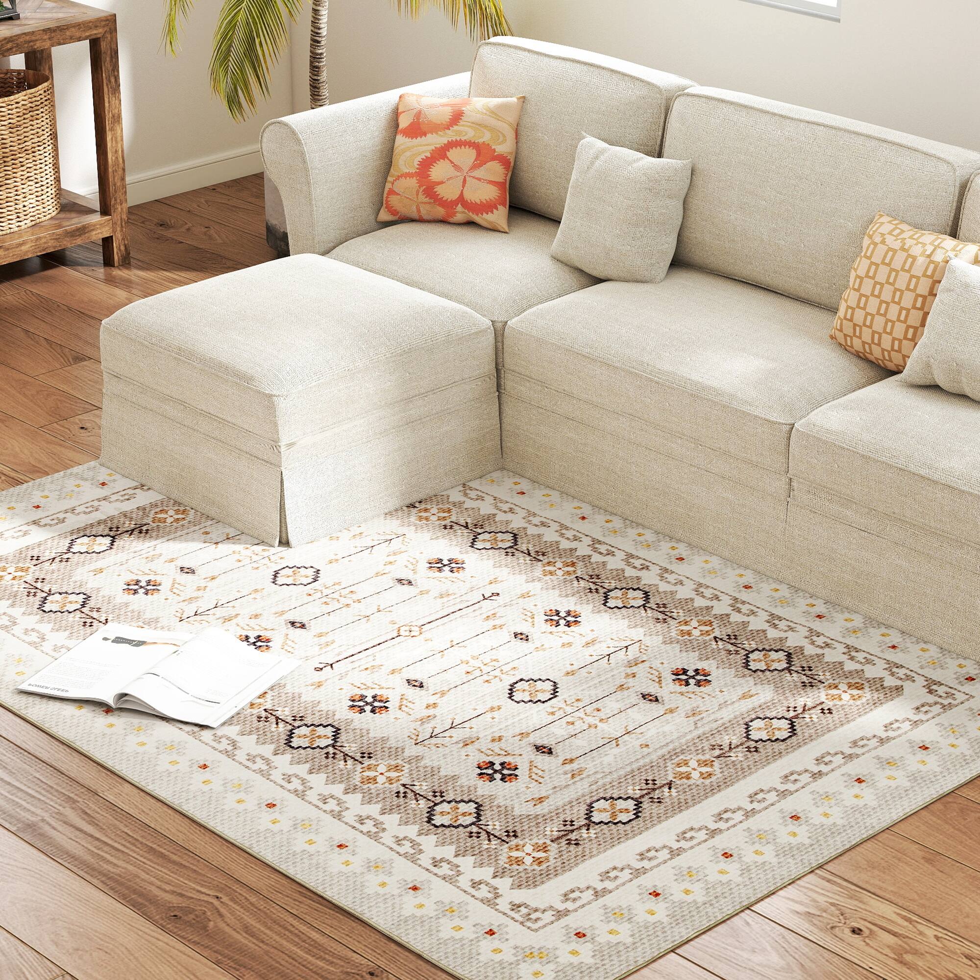 Alt View 7. Homcom - Area Rug 4x6, Machine Washable Non-Slip Boho Floral Print Floor Cover - Brown.