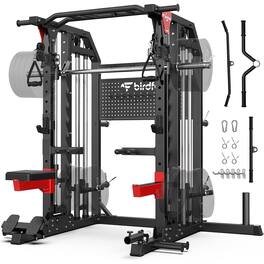 Pooboo - Multi-Function Smith Machine Power Cage with Dual Cable Crossover,Lat Pulldown,Home Gym Squat Rack for Strength Training - Black