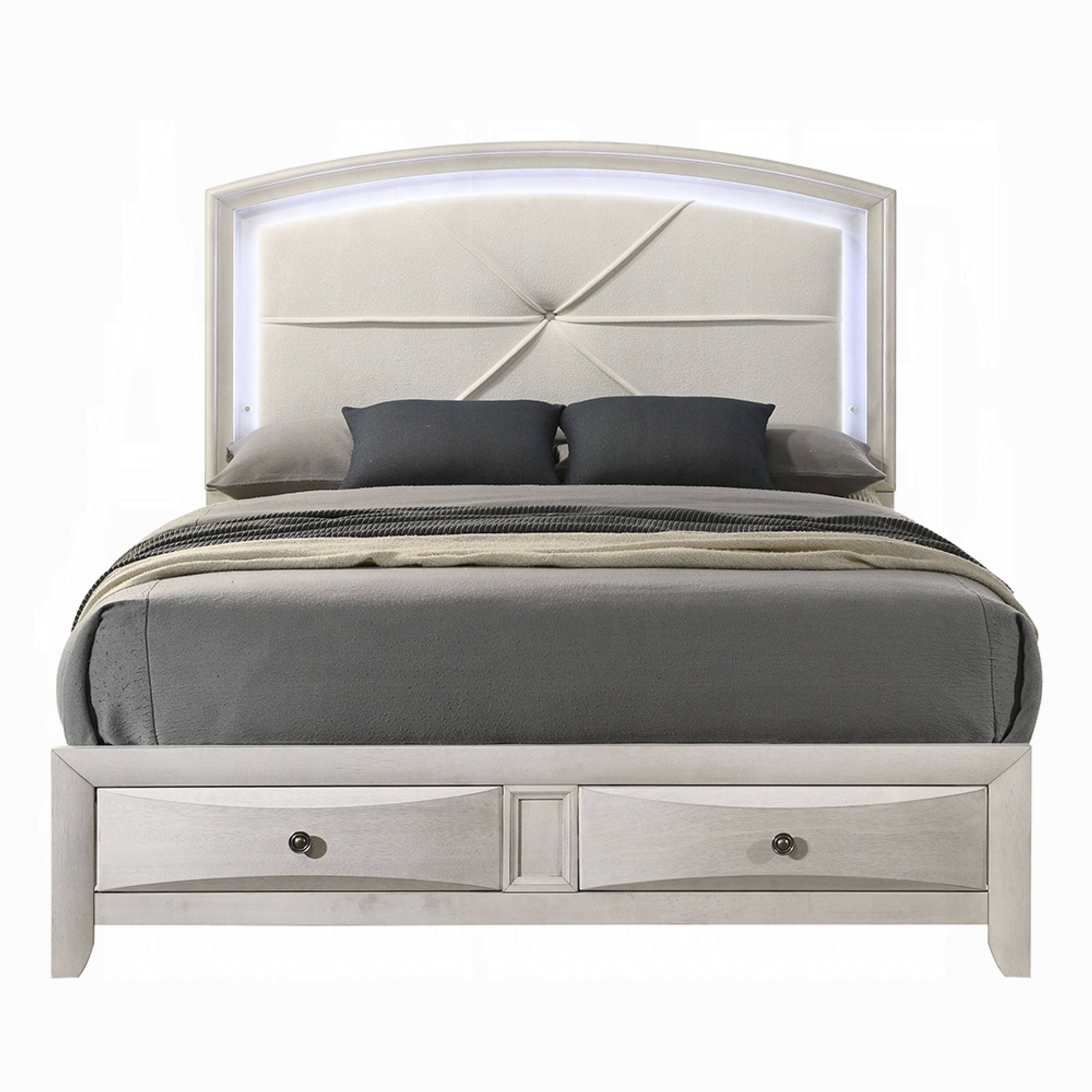 Alt View 1. Manhattan Lane - Remy Queen Size Bed with LED Headboard, 2 Bottom Drawers - Antique White.