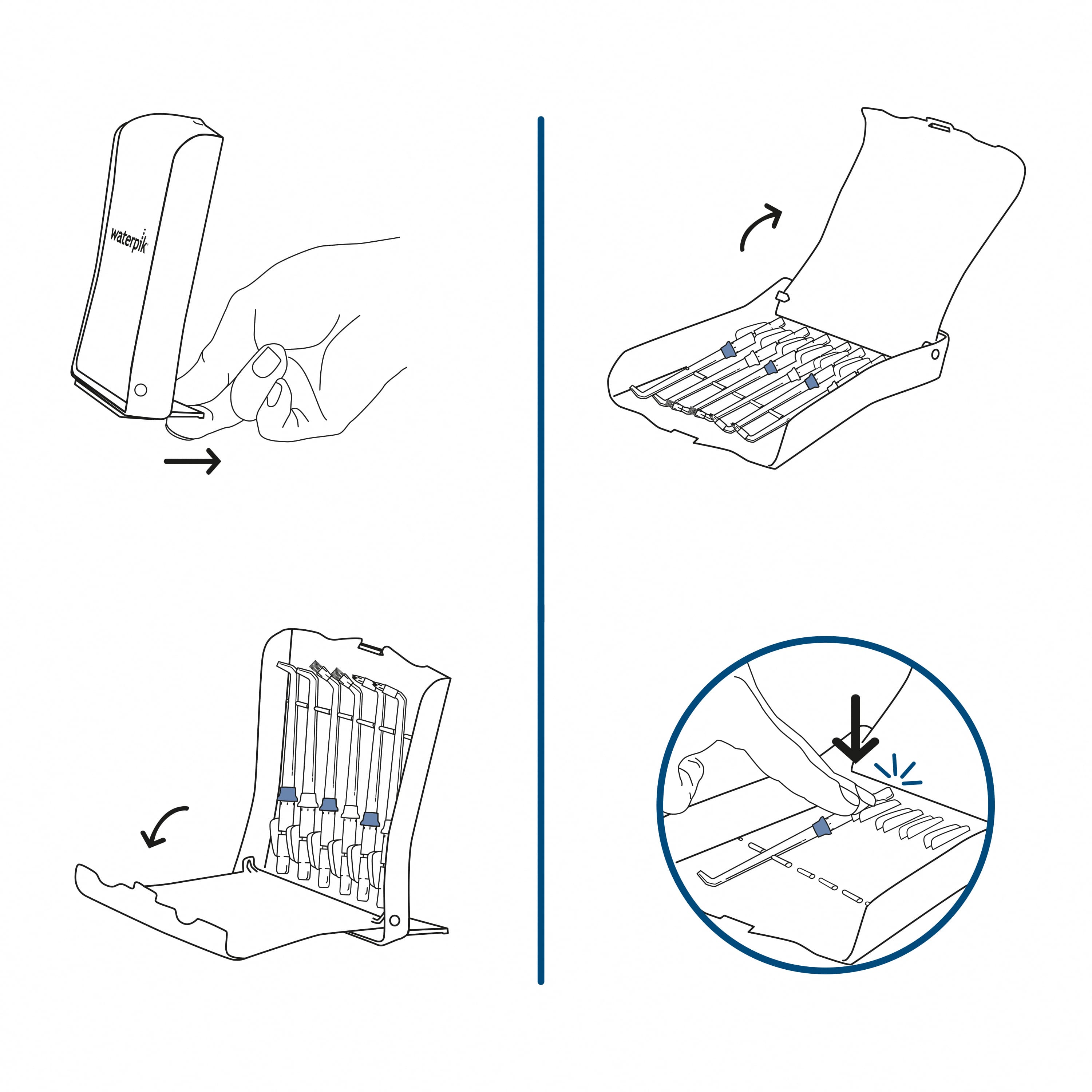 Left. Waterpik - Water Flosser Tip Storage Case with 6 Tips - Blue.