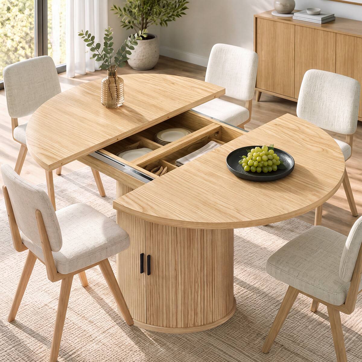Angle. Dyonery - Extendable Dining Table 43-59" for 4-6 People, Round Kitchen Table with Fluted Slide Door & 8-Compartment Storage - Nature.