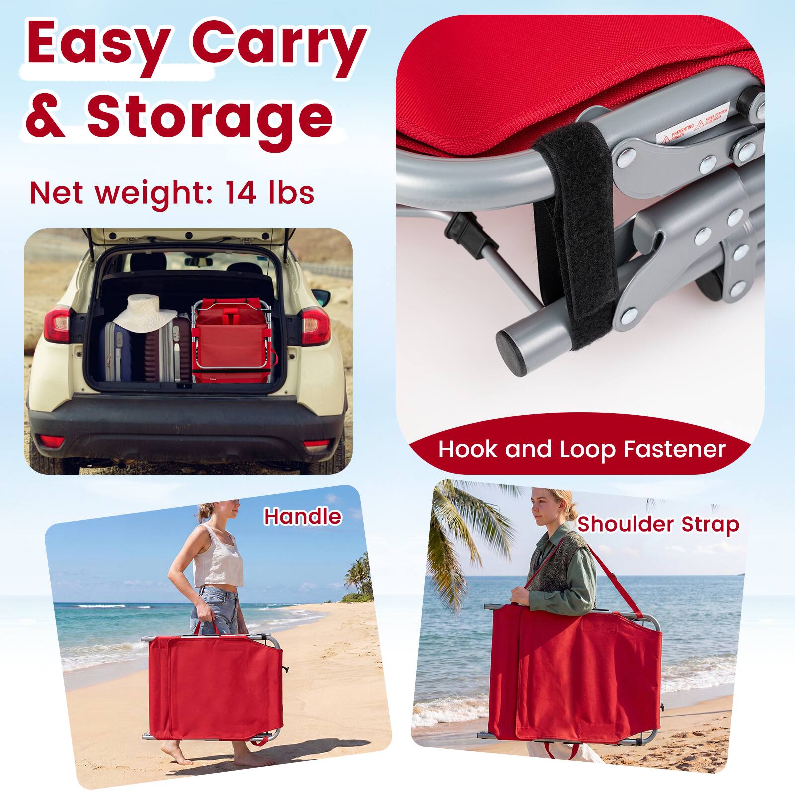 Easy Carry & Storage  
Net weight: 14 lbs  

Hook and Loop Fastener  
Handle  
Shoulder Strap