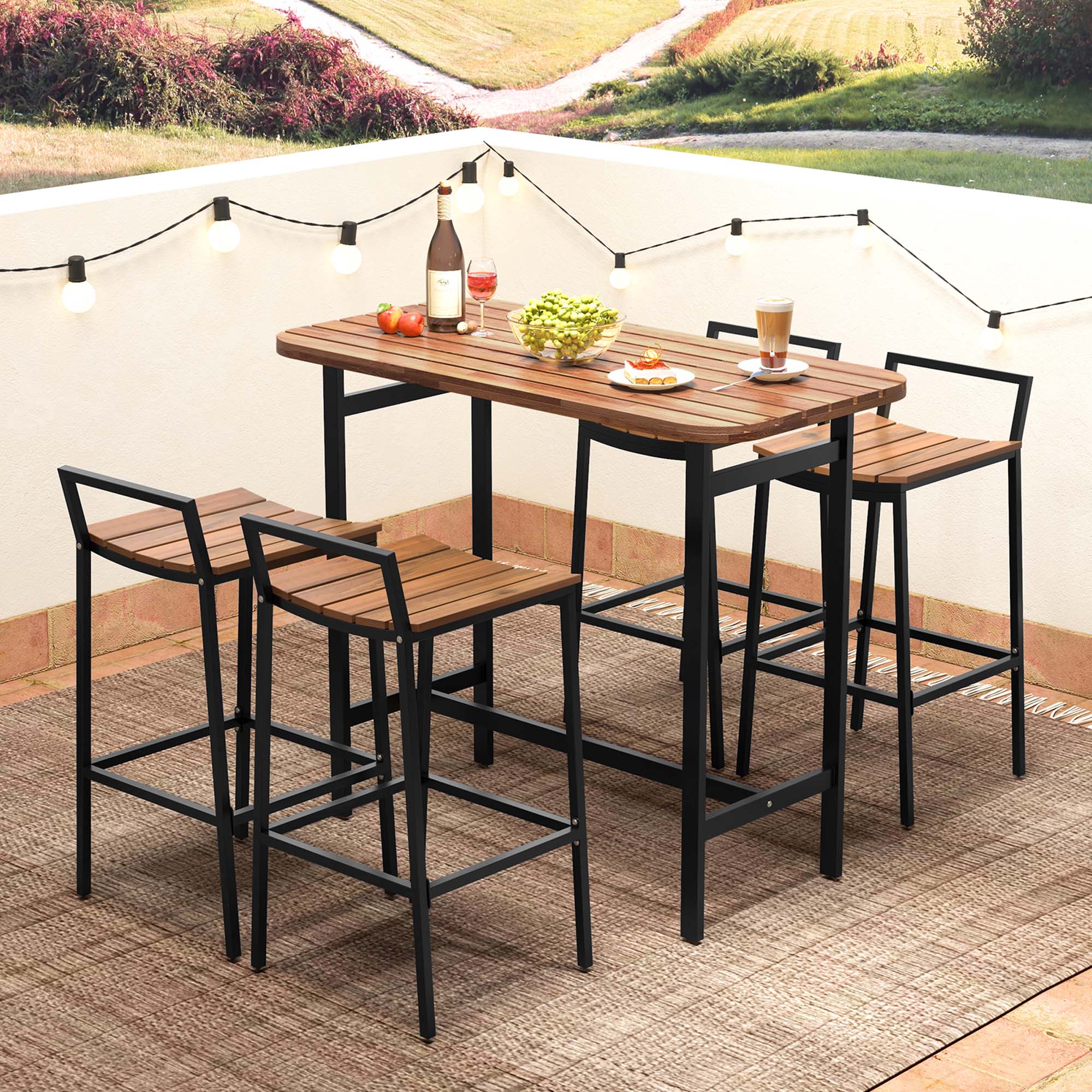Alt View 3. Costway - Costway 5 PCS Acacia Wood Bar Table Set Outdoor Bar Height Table & Chairs with Metal Frame - Natural + Black.