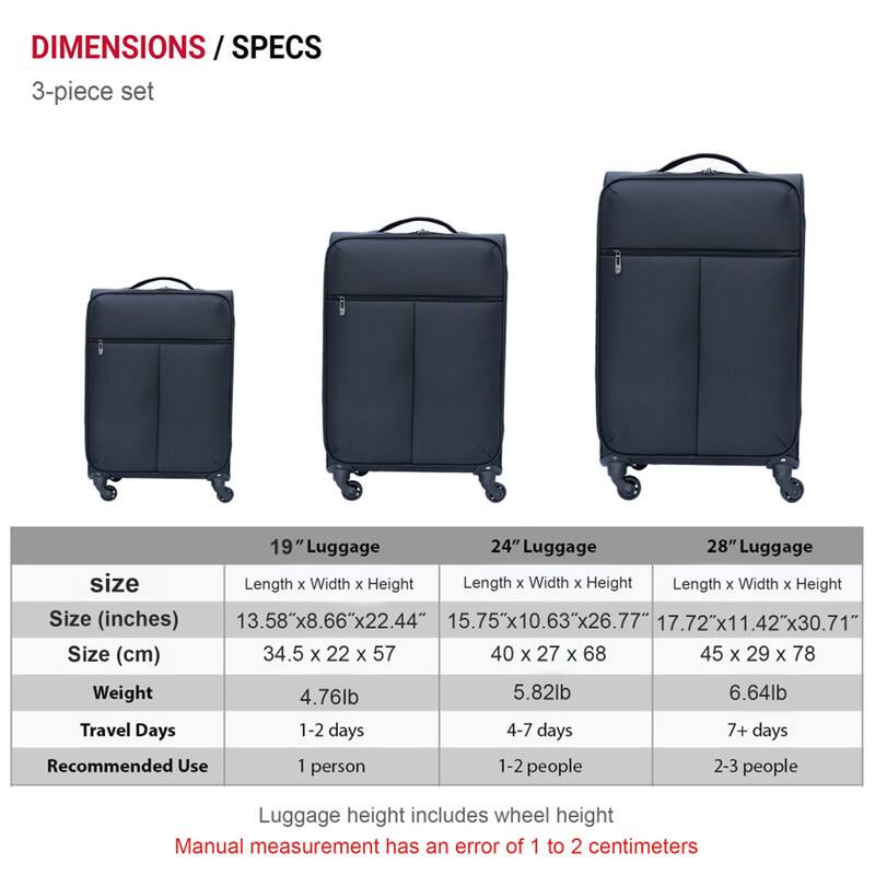 DIMENSIONS / SPECS  
3-piece set

| Size       | 19" Luggage                     | 24" Luggage                     | 28" Luggage                     |
|------------|--------------------------------|--------------------------------|--------------------------------|
| Size (inches) | Length x Width x Height         | Length x Width x Height         | Length x Width x Height         |
|            | 13.58"x8.66"x22.44"              | 15.75"x10.63"x26.77"             | 17.72"x11.42"x30.71"             |
| Size (cm)   | 34.5 x 22 x 57                  | 40 x 27 x 68                   | 45 x 29 x 78                   |
| Weight     | 4.76lb                        | 5.82lb                        | 6.64lb                        |
| Travel Days | 1-2 days                      | 4-7 days                      | 7+ days                       |
| Recommended Use | 1 person                     | 1-2 people                    |