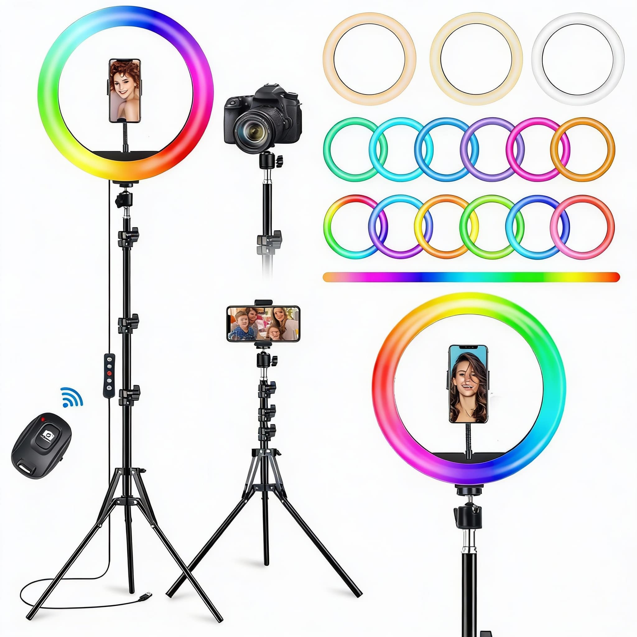 METALTON - 3 Ring Light With Stand Tall And 2 Phone Holder Tripod For 3 Cct Mode Color Modes Remote Shutter Desk Great - 10.2in