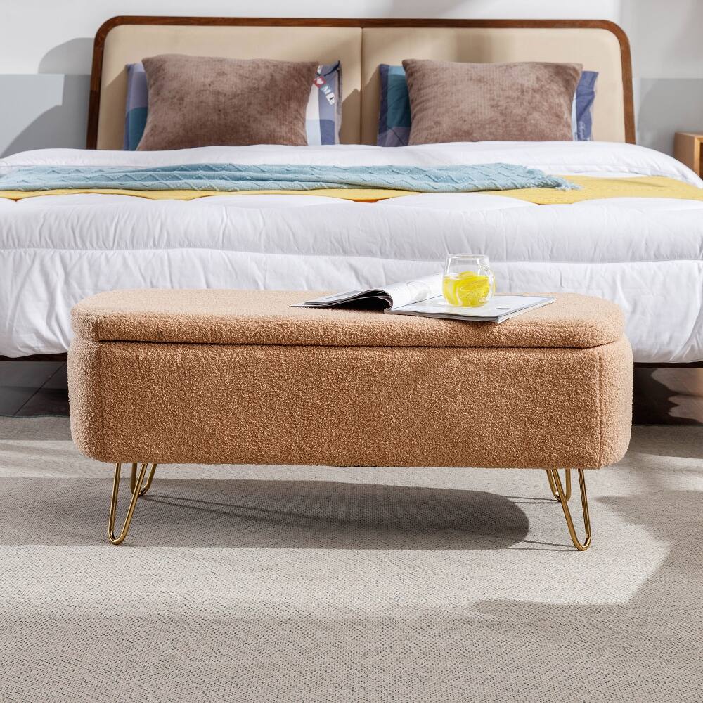 Back. Ropilly - Ropilly Camel Storage Ottoman Bench, Modern Faux Fur Entryway Bench with Gold Legs, Upholstered End of Bed Bench - Camel.