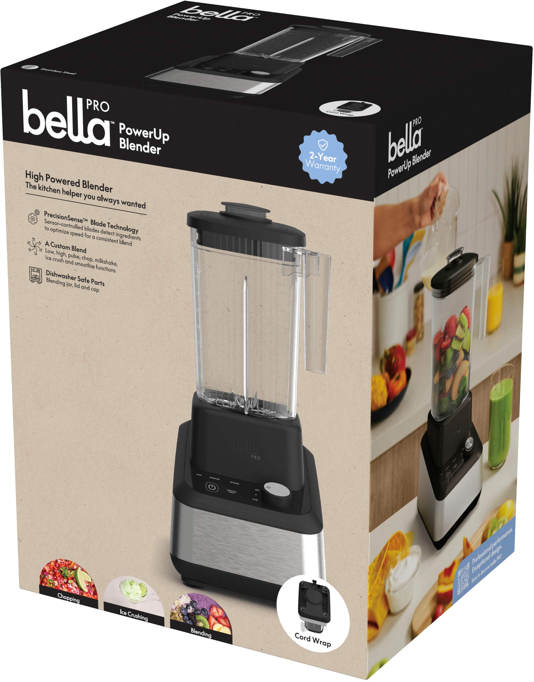 The image shows a box for a Bella PowerUp blender, which is a high-powered blender with a 2-year warranty. The blender has a PrecisionSense sensor-controlled blade technology that optimizes the speed for detecting different ingredients. It also has a custom blend function, low blend, ice crush, and chop functions, as well as milkshake and smoothie functions. The blender is dishwasher safe, and it comes with a cord wrap and a user manual. The box features an image of a person using the blender, and it is labeled with the Bella brand name.