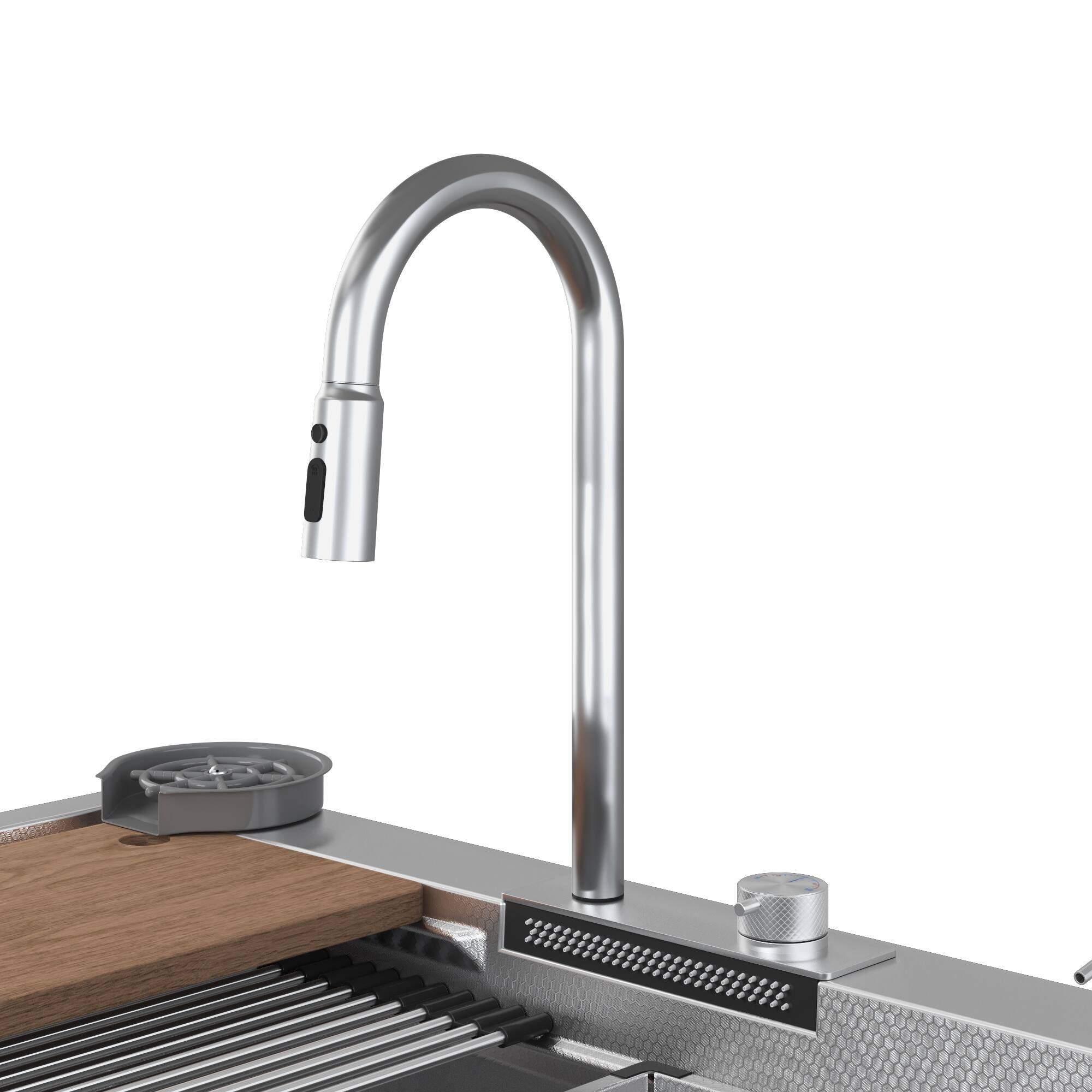 Alt View 7. Famapy - Workstation Kitchen Sink with Faucet, Drop-in Single Bowl Sink with Cup Washer & Control Knob - Matte Silver.