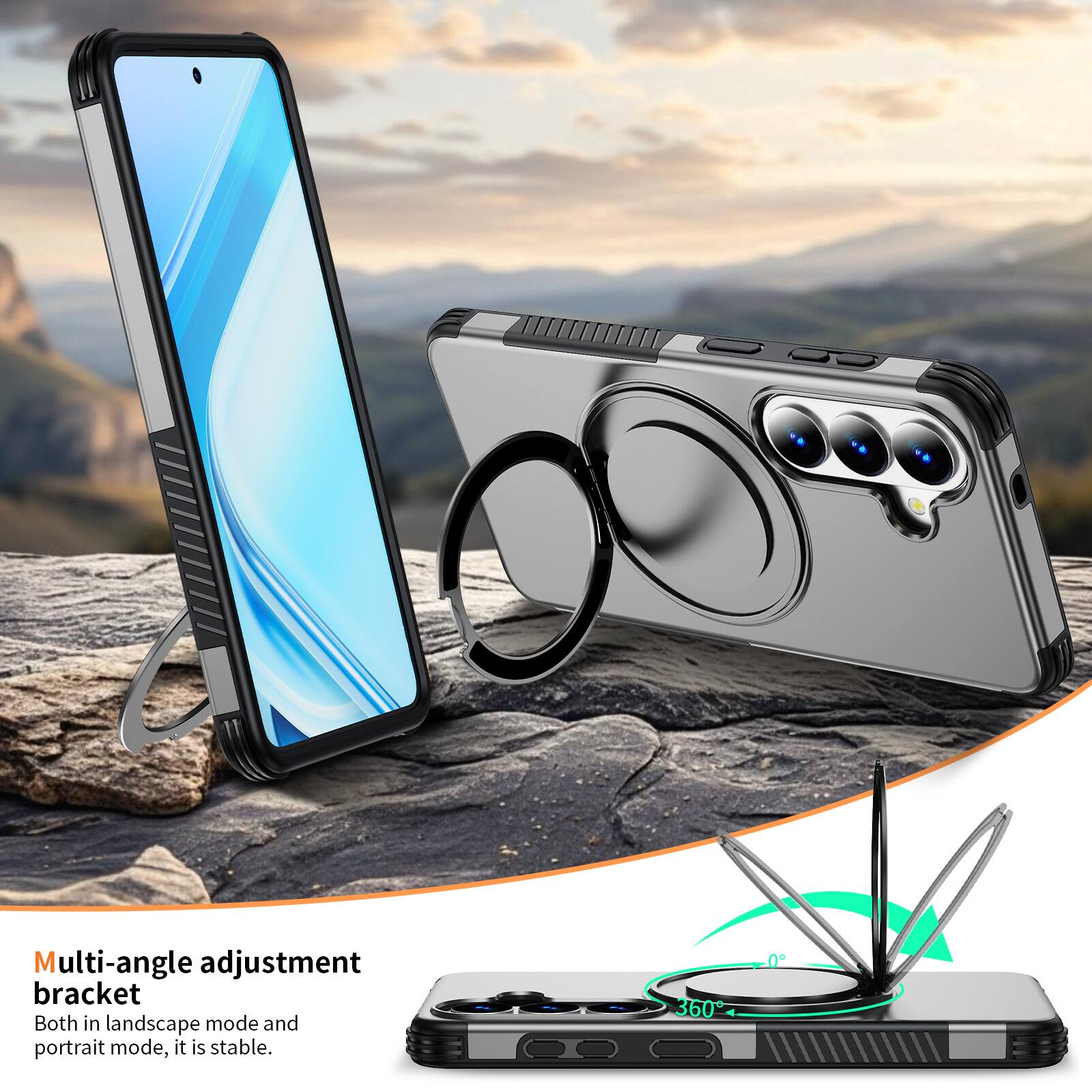 Multi-angle adjustment bracket  
Both in landscape mode and portrait mode, it is stable.  
360°