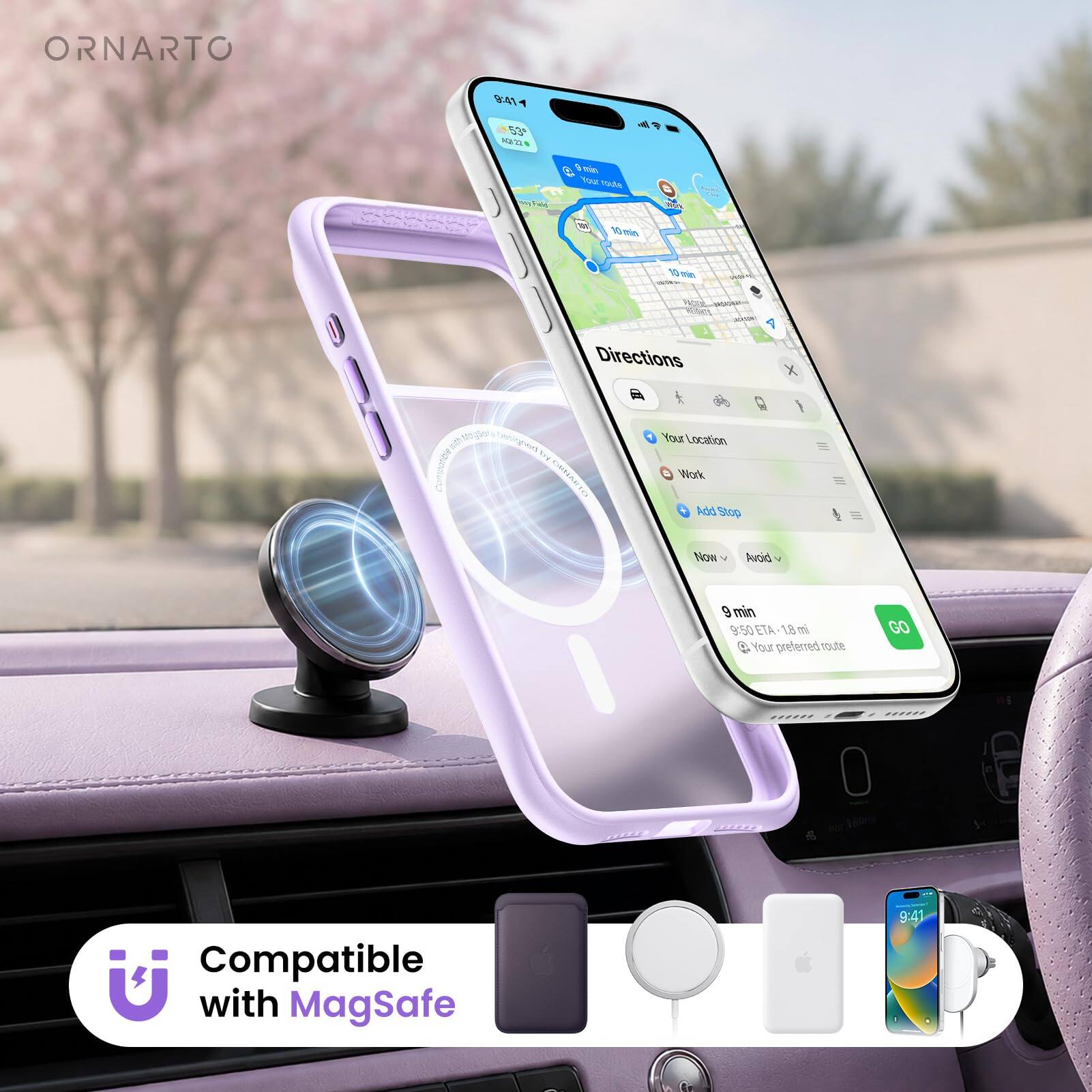 ORNARTO

9:41
53° wara
min Your toute
Field
Work
10 min
10 min
VICE
Directions
1 X
Compatible
ORNARTO
Your Location Work Add Stop
Now
Avoid
9 min 9:50 ETA 1.8 mi  Your preferred route
GO
Compatible with MagSafe