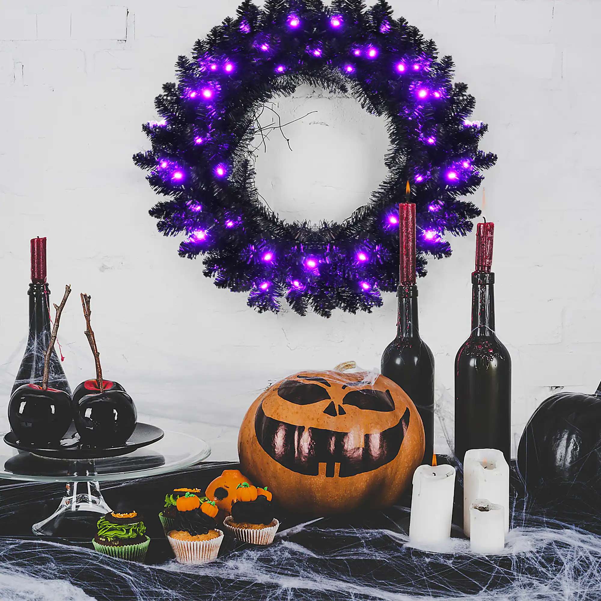 Alt View 11. Costway - 24inch Pre-lit Christmas Halloween Wreath w/ 35 Purple LED Lights - Black.