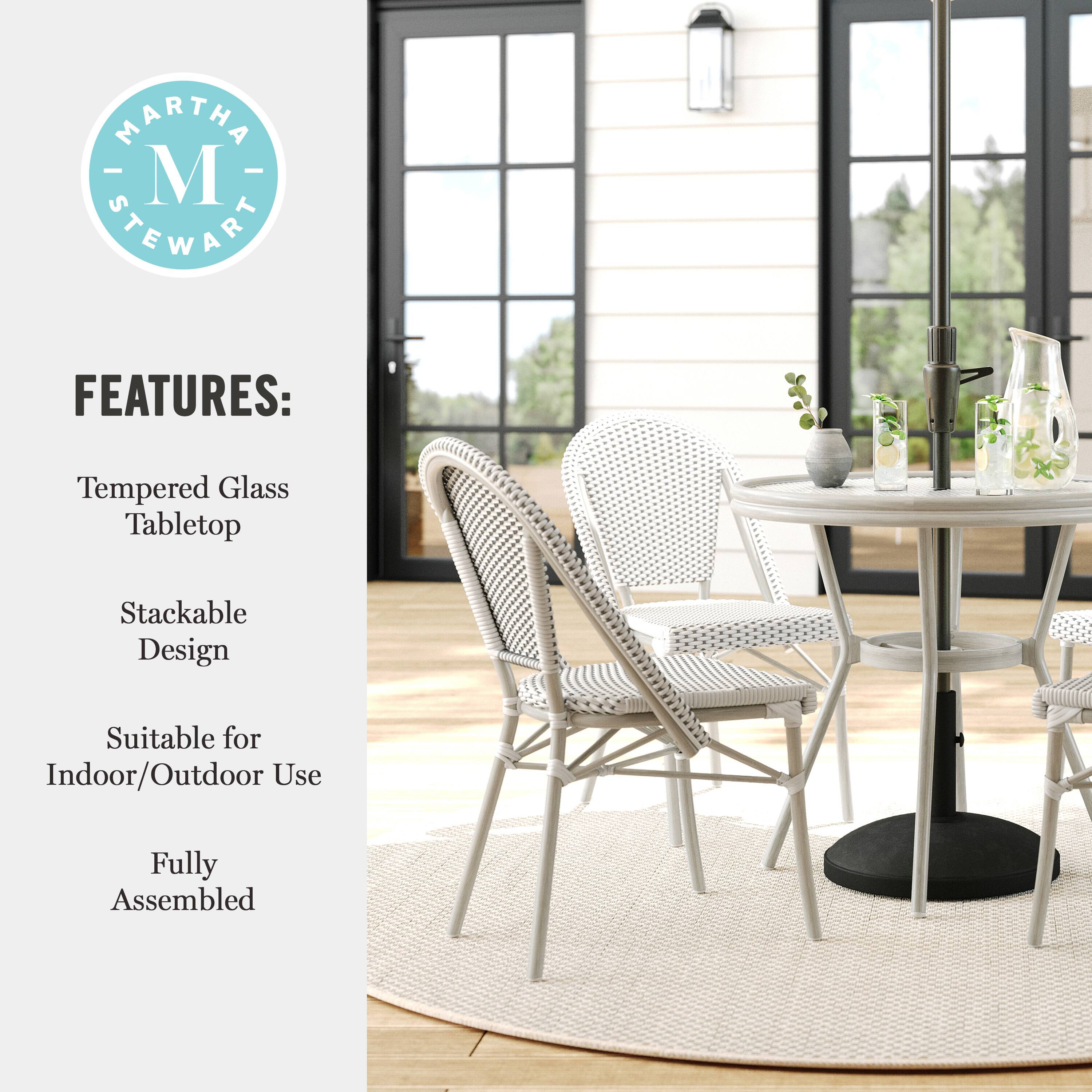 MARTHA STEWART FEATURES: Tempered Glass Tabletop, Stackable Design, Suitable for Indoor/Outdoor Use, Fully Assembled.