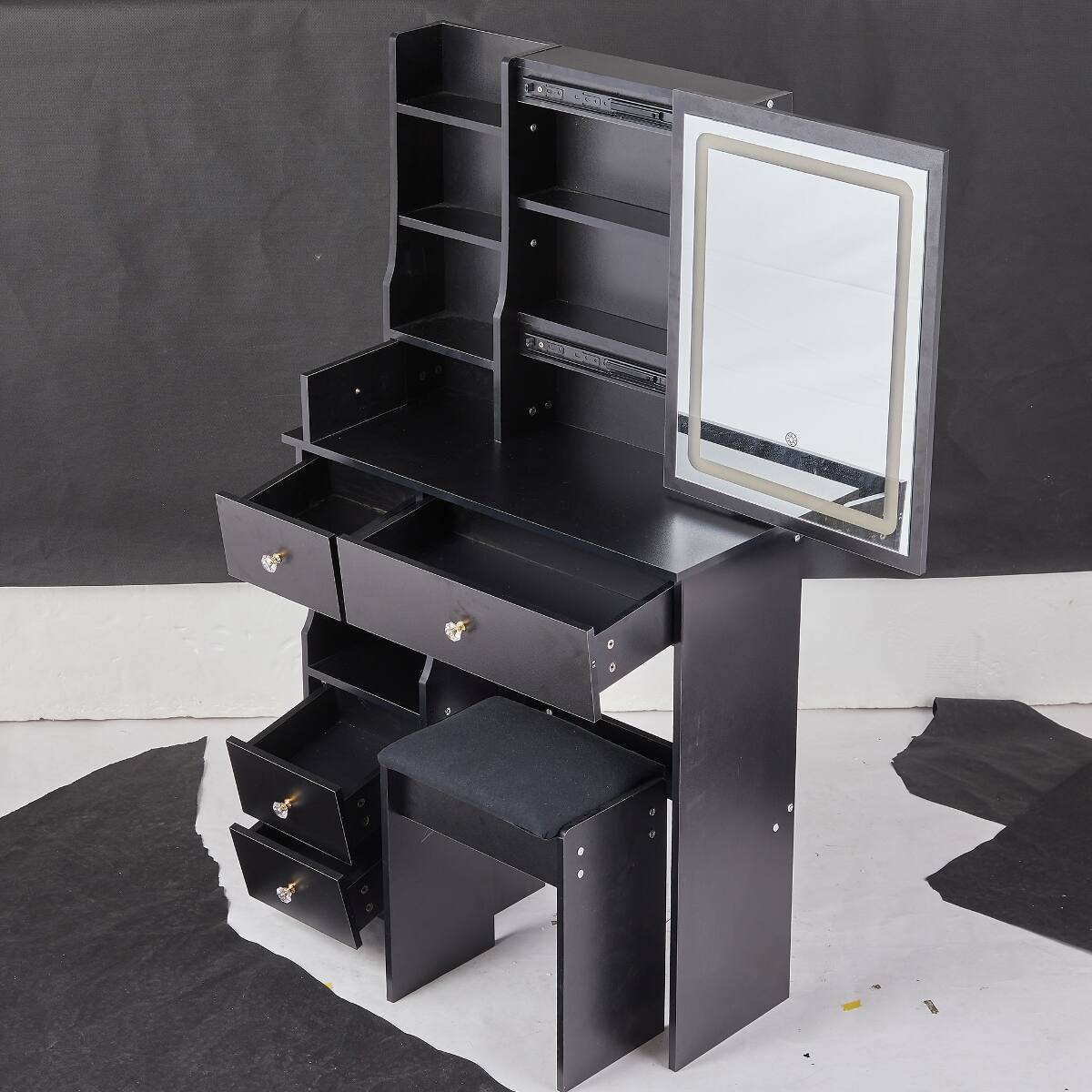 Alt View 1. Loheer - Loheer Small Desktop Vanity Table with LED Mirror and Cushioned Stool, Black MDF, 29.2 Inch - Black.