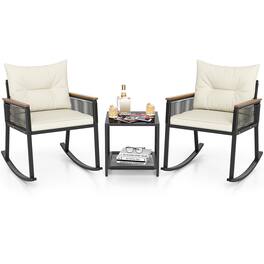 Gymax - 3 PCS Patio Rocking Bistro Set Outside Wicker Rockers w/ 2-Tier Tempered Glass Coffee Table - Black, Beige