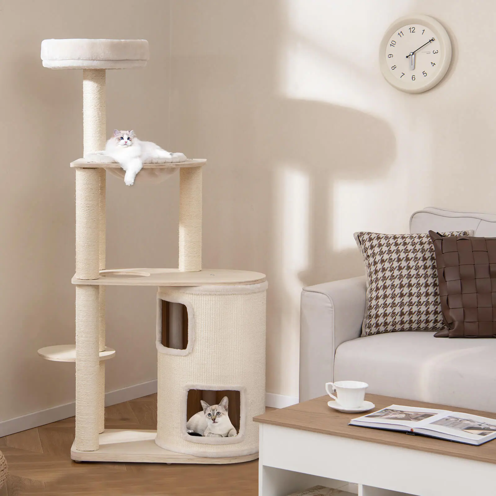 Alt View 1. Costway - Costway Wooden Cat Tree 6-Level Cat Scratching Stand with 2-Story Cat Condo Modern Cat Furniture - Natural,White.