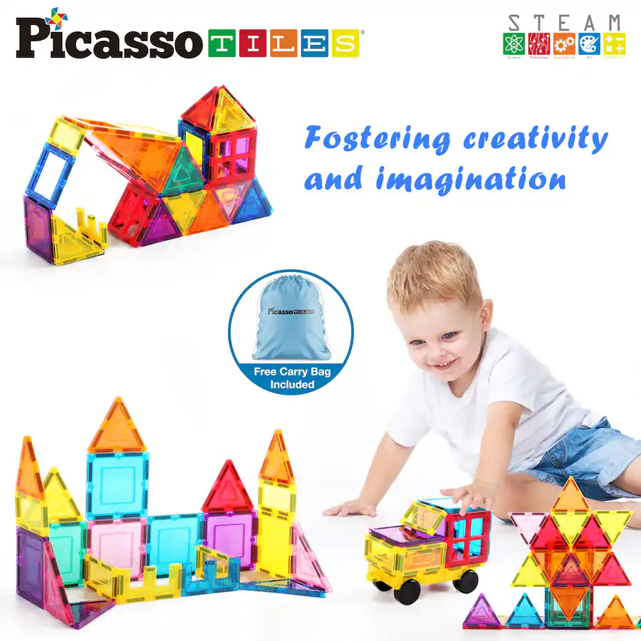 PicassoTiles PICASSO TILES Magnetic Tiles For Kids with Tote Bag, 61PCS ...