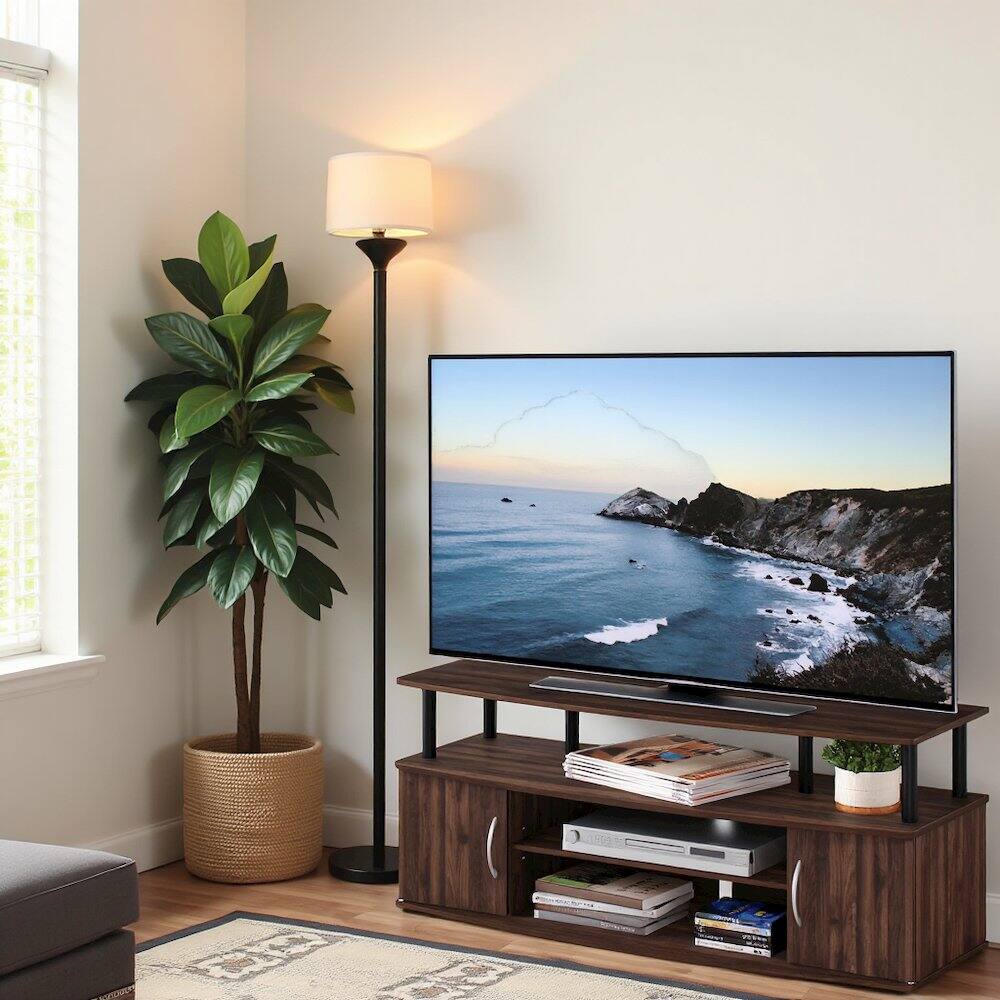Left. FurniFact - Brown 50 Inch TV Stand with Open Shelves and Dual Storage Cabinet Doors - Columbia Walnut/Black.