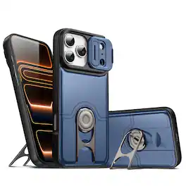 Dteck - Rugged Case for Apple iPhone 17 Pro Max with Slide Camera Cover & Adjustable Holder,Soft TPU+Hard PC Dual-Layer Cover - Blue