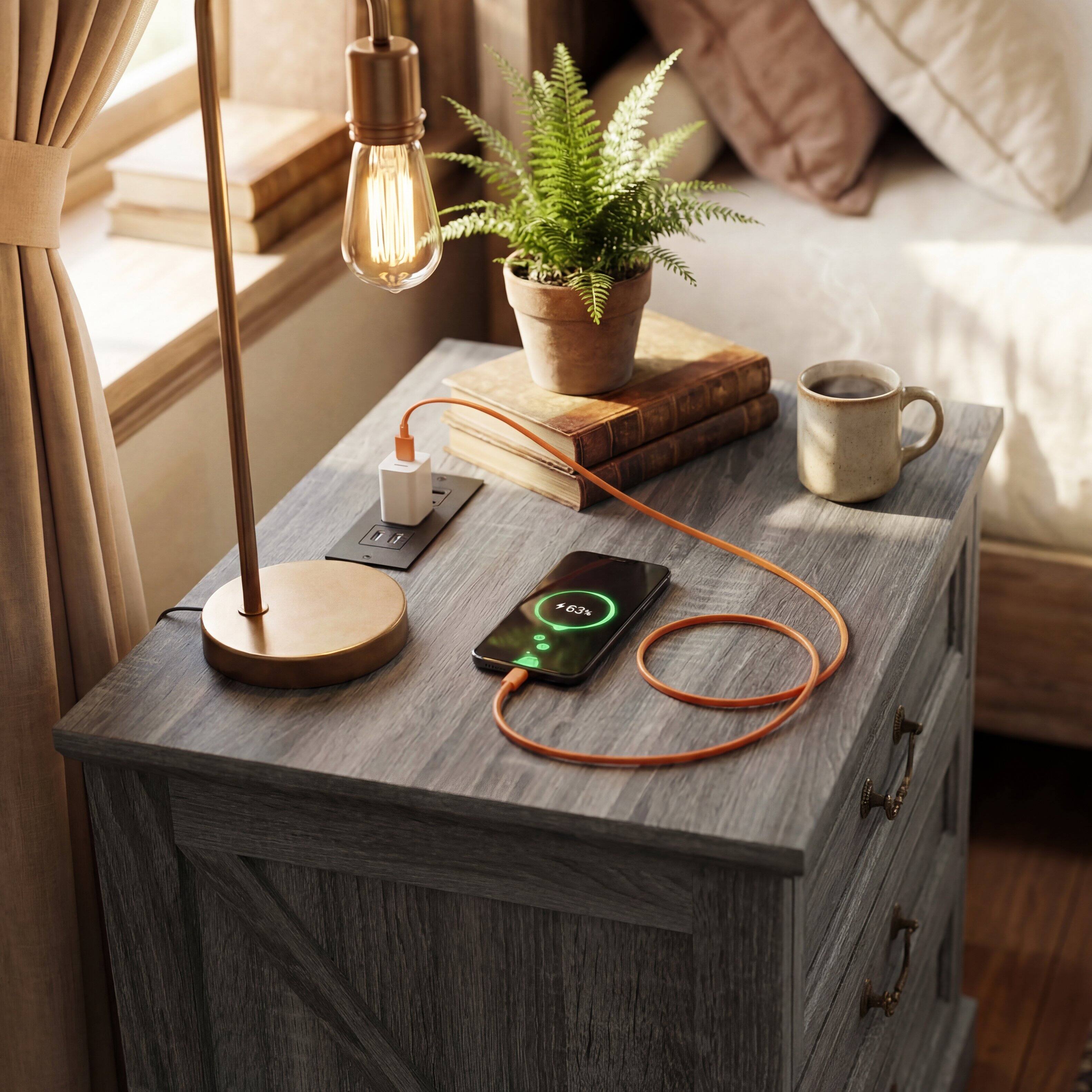 Alt View 3. Famapy - Farmhouse 3-Drawer Nightstand with AC & USB Charging Station, Rustic Wooden Bedside Table Storage Cabinet for Bedroom - Gray.