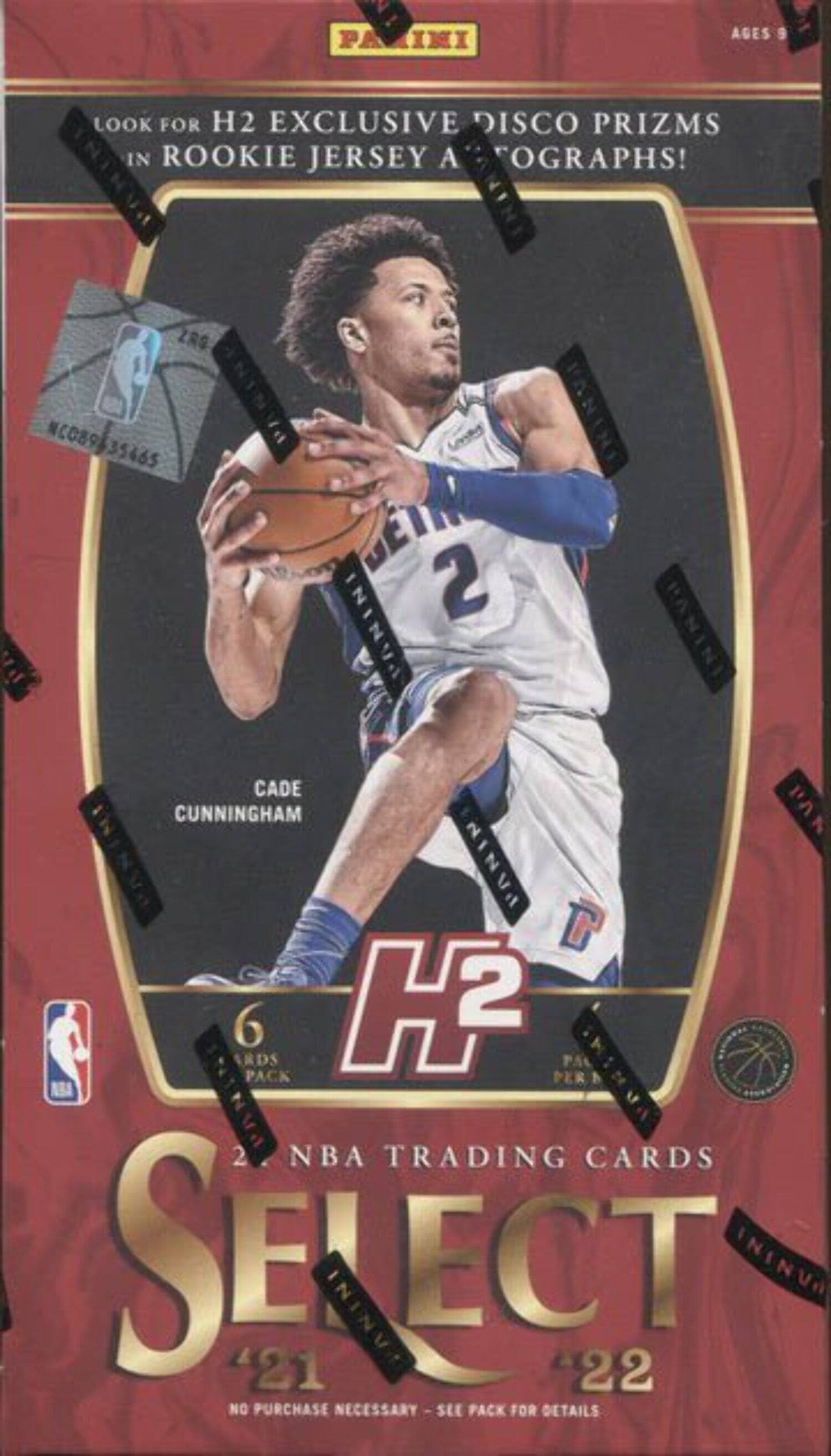 PANINI AGES 9  
LOOK FOR H2 EXCLUSIVE DISCO PRIZMS IN ROOKIE JERSEY AUTOGRAPHS!  
CADE CUNNINGHAM  
H2  
6 CARDS PER PACK  
21 NBA TRADING CARDS SELECT 22  
NO PURCHASE NECESSARY - SEE PACK FOR DETAILS