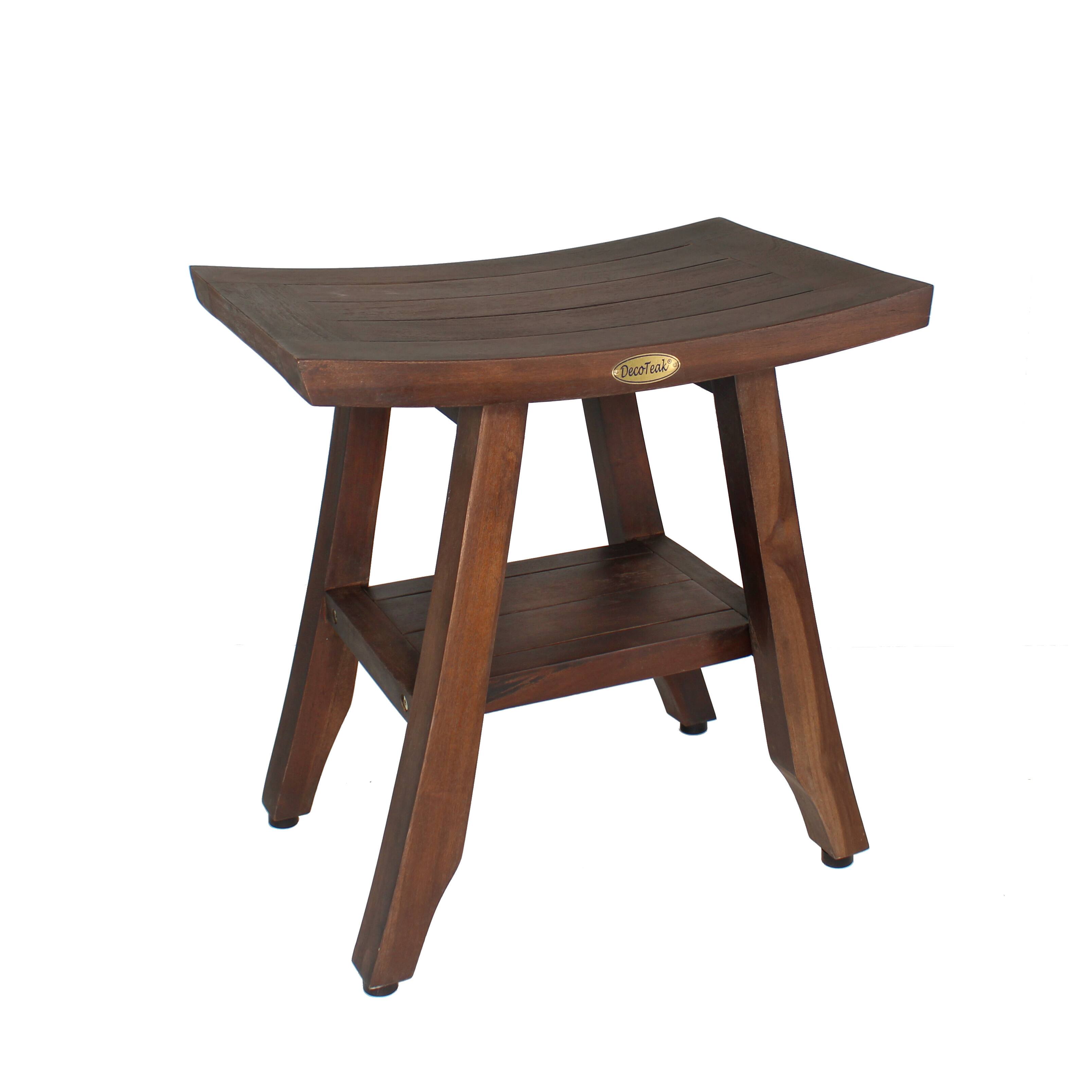 Left. DecoTeak - DecoTeak Satori 18" Teak Wood Shower Bench with Shelf in Woodland Brown Finish - Woodland Brown.