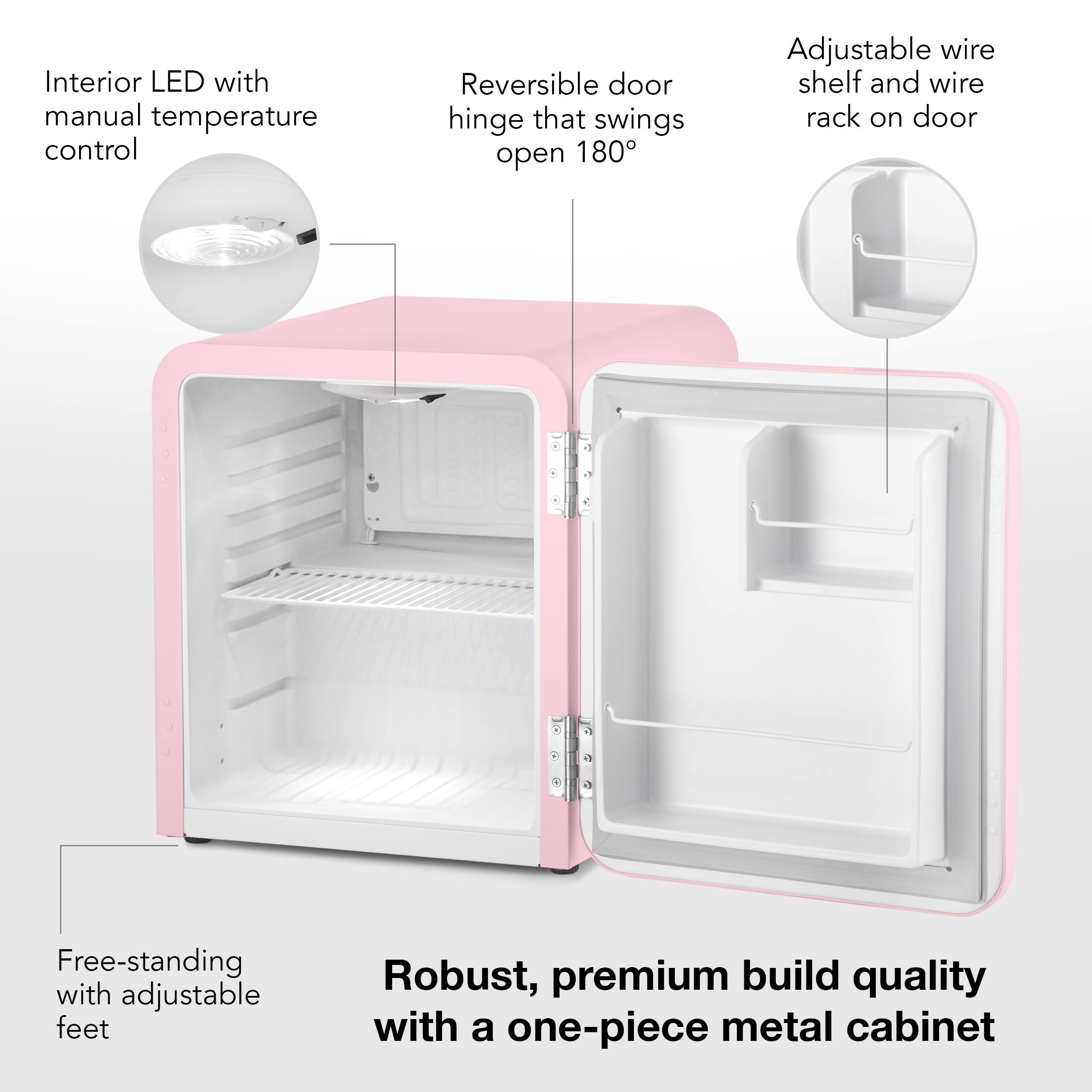 The text on the image is grouped and corrected as follows:

1. Interior LED with manual temperature control
2. Reversible door hinge that swings open 180 degrees
3. Adjustable wire shelf and wire rack on door
4. Free-standing with adjustable feet
5. Robust, premium build quality with a one-piece metal cabinet