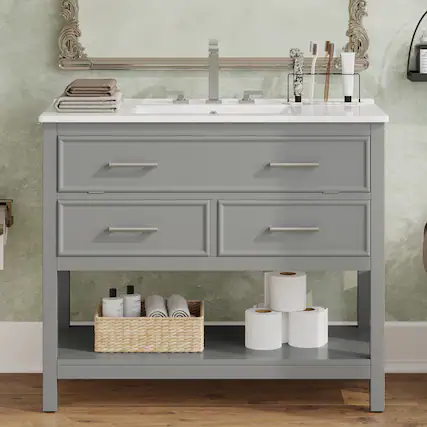 Front. Boyel Living - 36 Inch Bathroom Vanity with Ceramic Sink Tip Out Tray Full Extension Drawers Soft Close Gray - Gray.