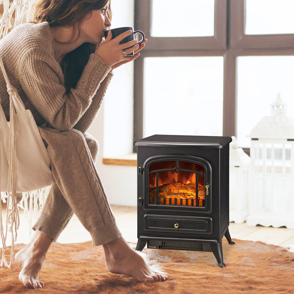 Alt View 3. Loheer - Loheer 22 inch freestanding electric fireplace with realistic LED flames and logs, 750W/1500W, Black - Black.