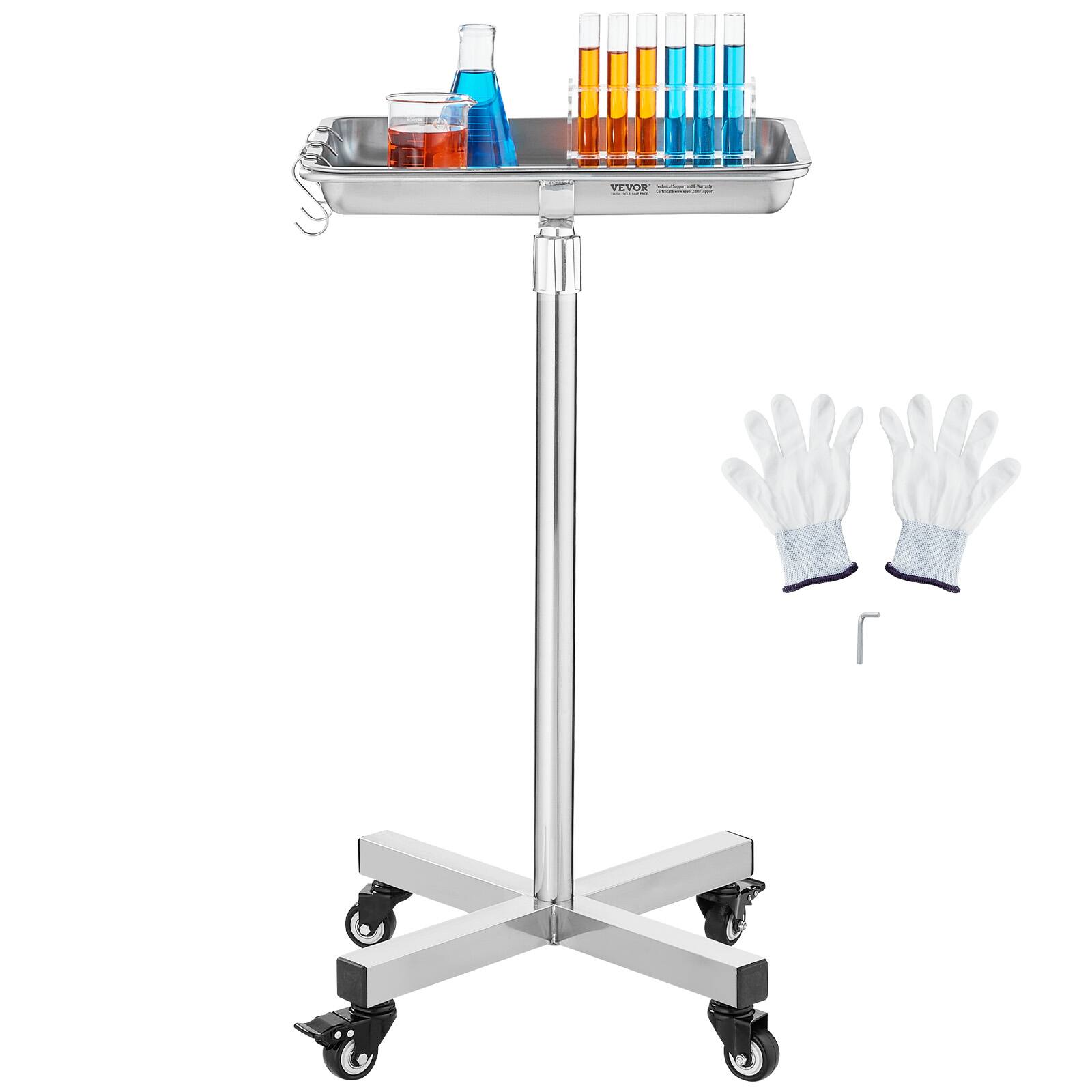 Alt View 5. VEVOR - Mayo Stand, Stainless Steel Mayo Tray, Load Capacity up to 35 lbs, Adjustable Height 25.2"-39.8", Medical Tray on Wheels - Silver.