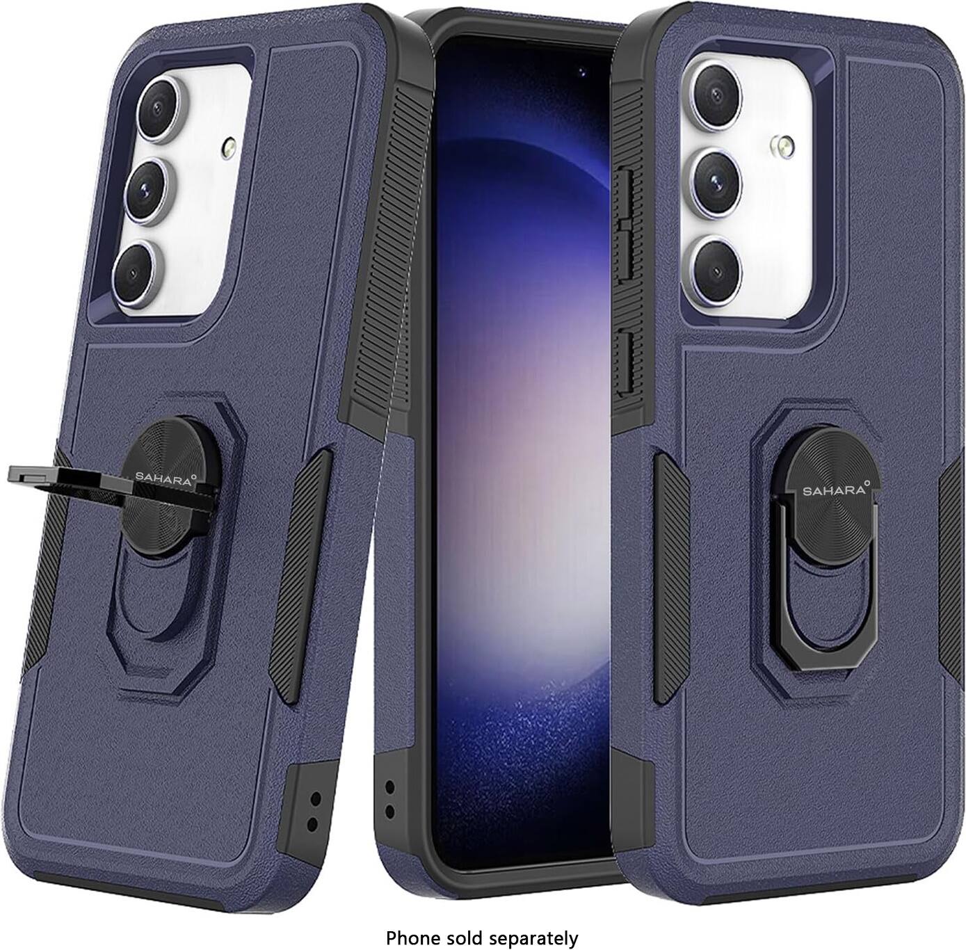 The image features a blue and black case for a phone, which is sold separately. The case is designed to protect the phone and is made of durable materials. The phone is not included with the case and must be purchased separately.