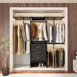 Aheaplus - 60" Walk-in Closet Organizer: 3 Fabric Drawers, 3 Adjustable Shelves, Heavy Duty Garment Rack - 59"L x 16"W x 71"H - Black