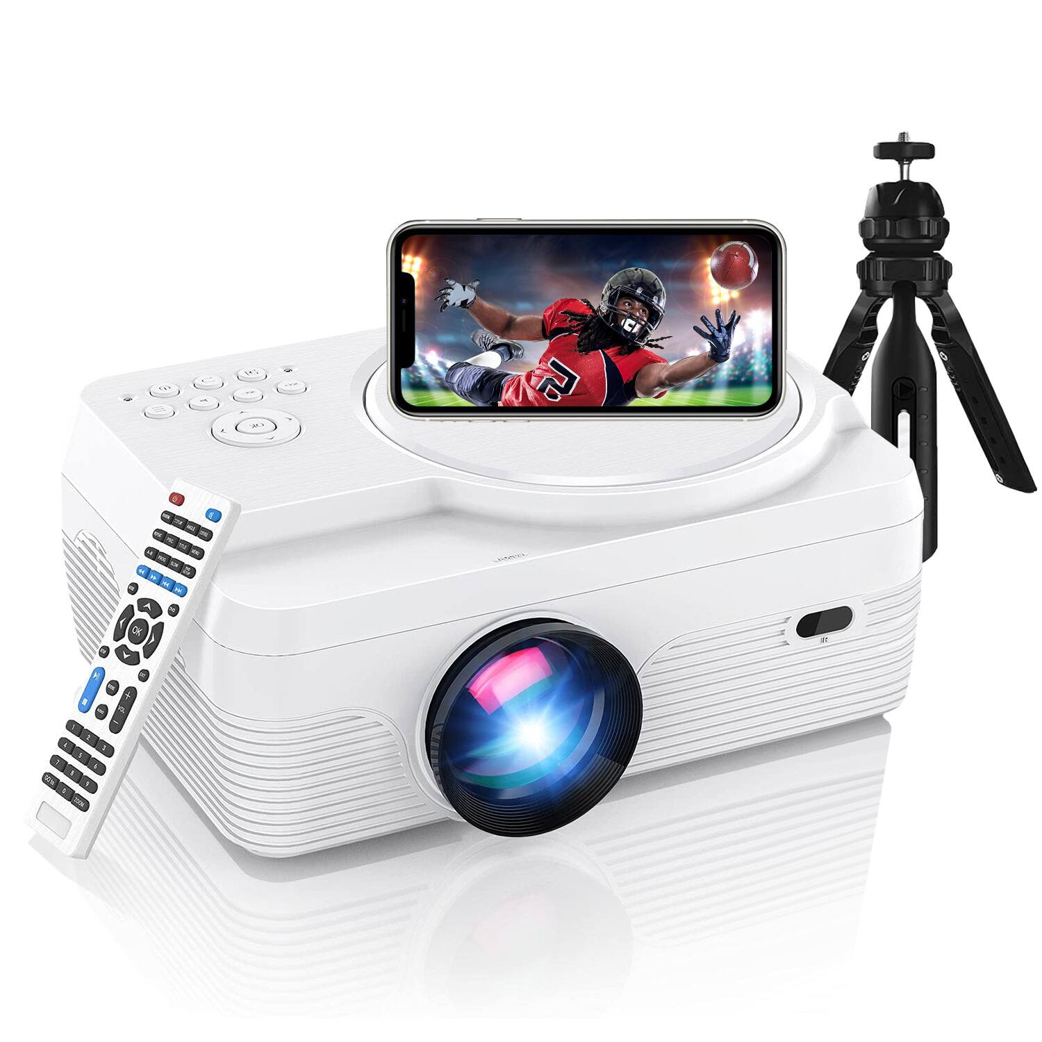 Ubantor - 12000LM Native 1080P Projector with Built In DVD Player, 250" Display, iOS/Android, WiFi & Bluetooth - White