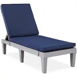 Best Choice Products - Outdoor Lounge Chair, Resin Patio Chaise Lounger w/ Seat Cushion, 5 Positions - Gray/Navy