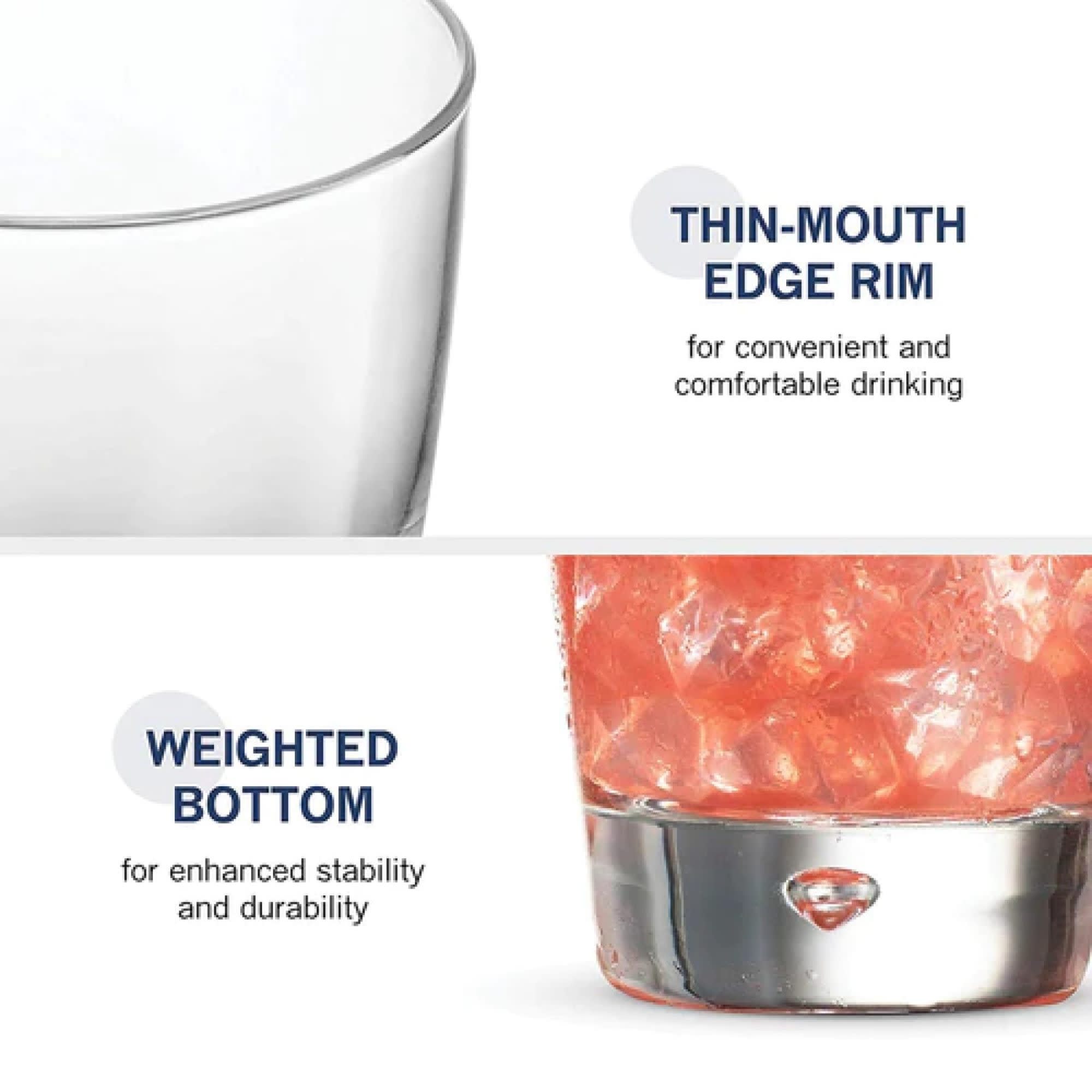 THIN-MOUTH EDGE RIM for convenient and comfortable drinking  
WEIGHTED BOTTOM for enhanced stability and durability