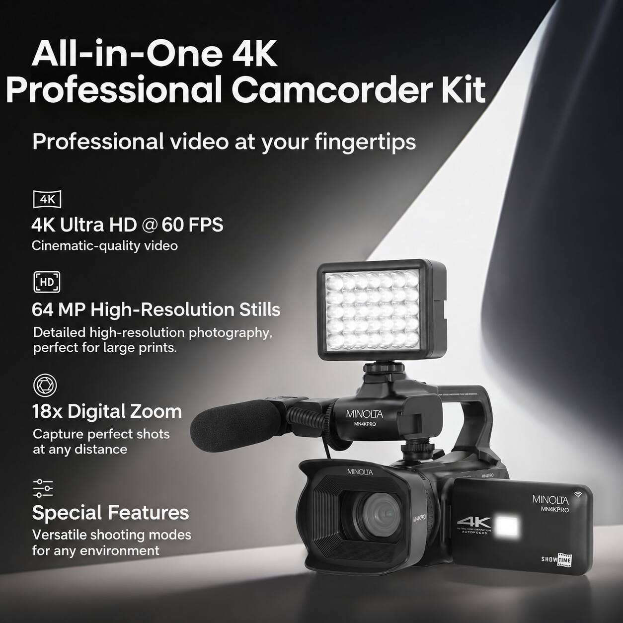 Minolta MN4KPRO 64MP 4K Ultra HD Autofocus Pro Camcorder Kit Black