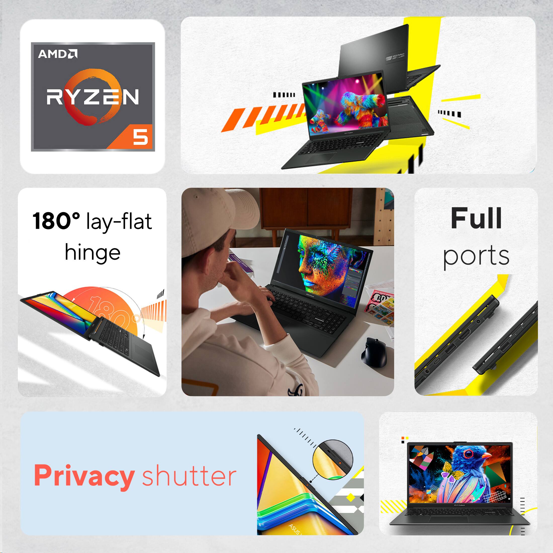 AMD Ryzen 5  
180° lay-flat hinge  
Full ports  
Privacy shutter