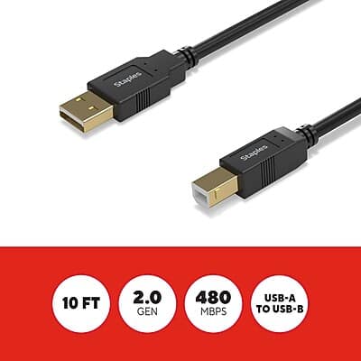Staples TECH 10 ft. USB A to USB B 2.0 Cable, Male to Male Black