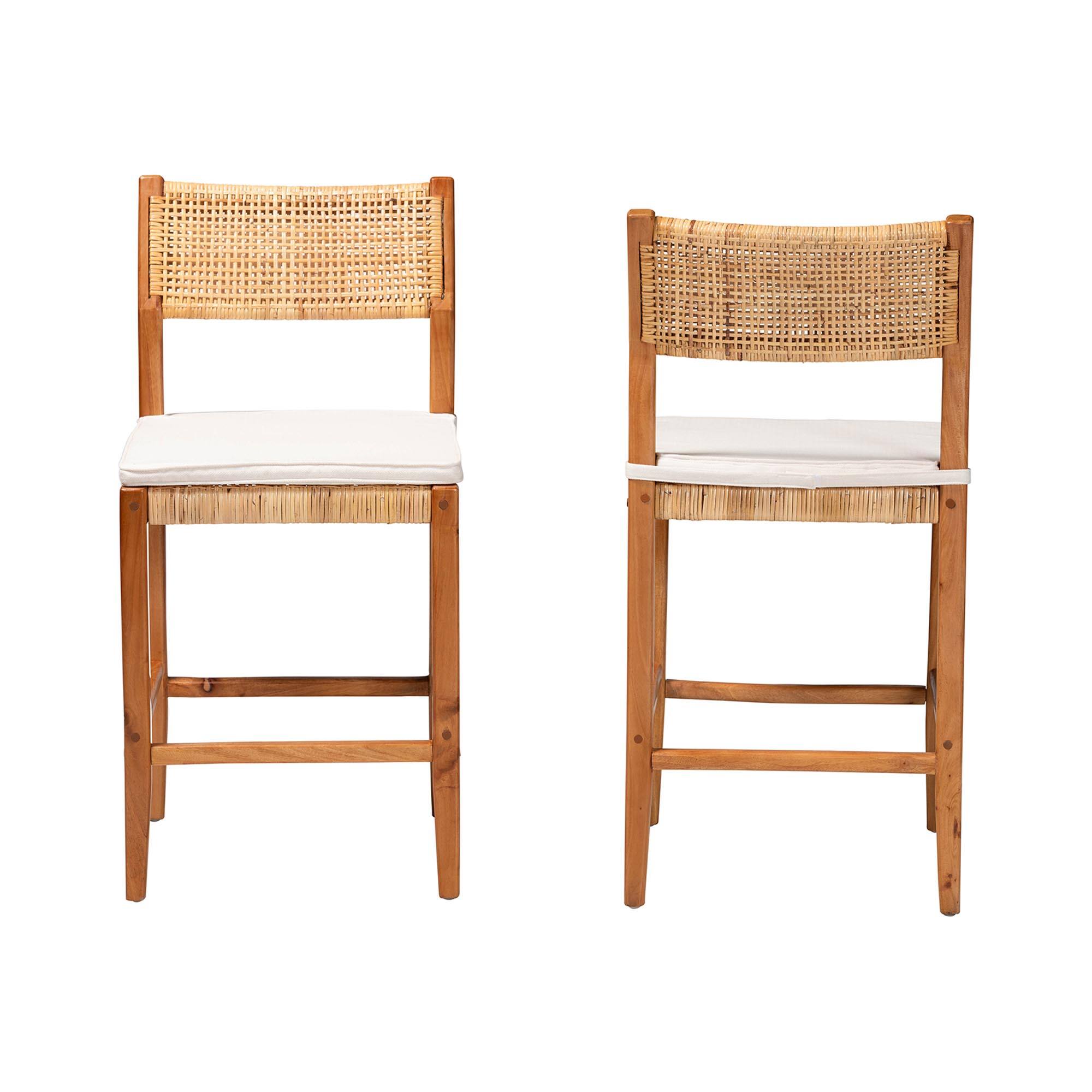 Angle. bali & pari - Chatura Natural Rattan and Mahogany Wood 2-Piece Counter Stool Set – Handwoven Wicker Stool with Angled Back - Light Honey/Honey.