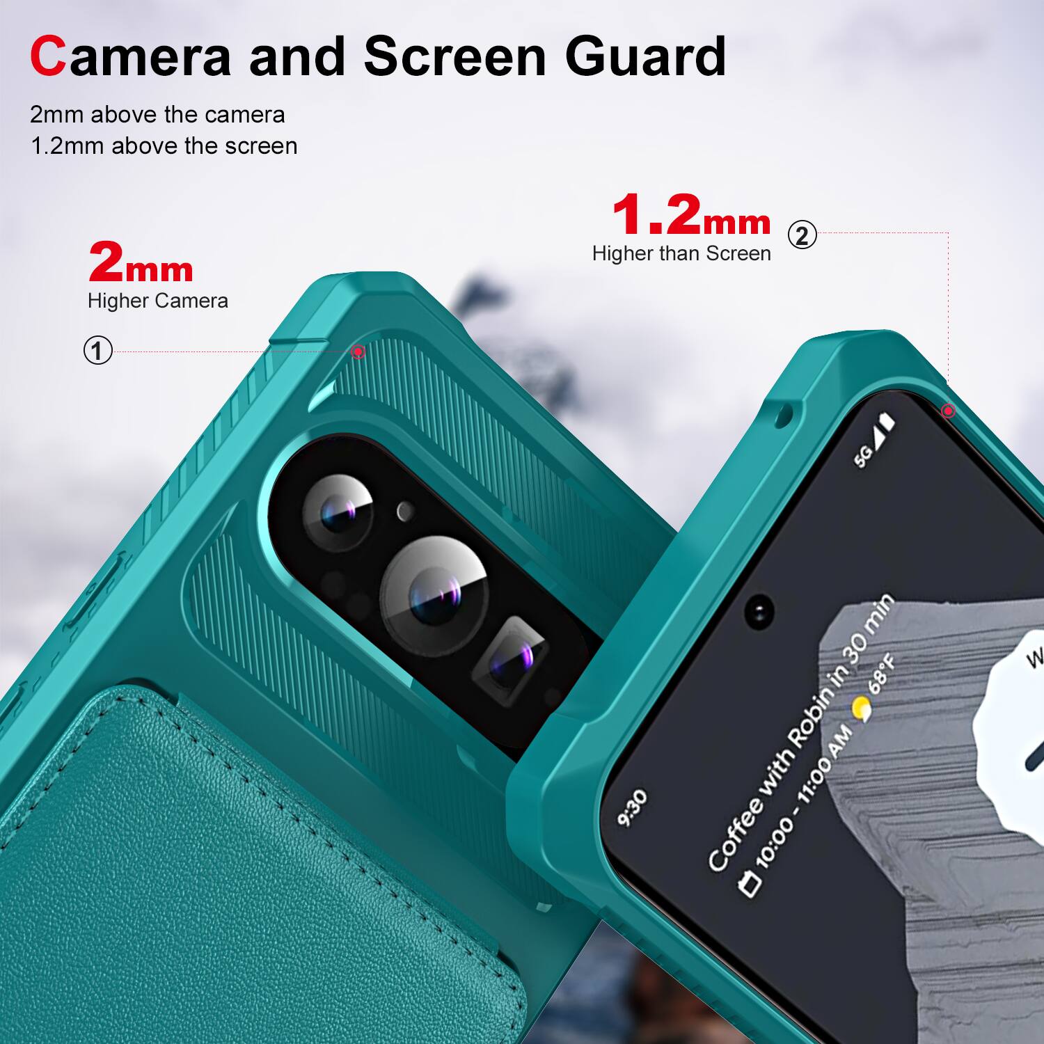Camera and Screen Guard

2mm above the camera  
1.2mm above the screen

2mm  
Higher Camera

1.2mm  
Higher than Screen

OS 5G

9:30  
Coffee with Robin in 30 min  
10:00 - 11:00 AM  
68°F