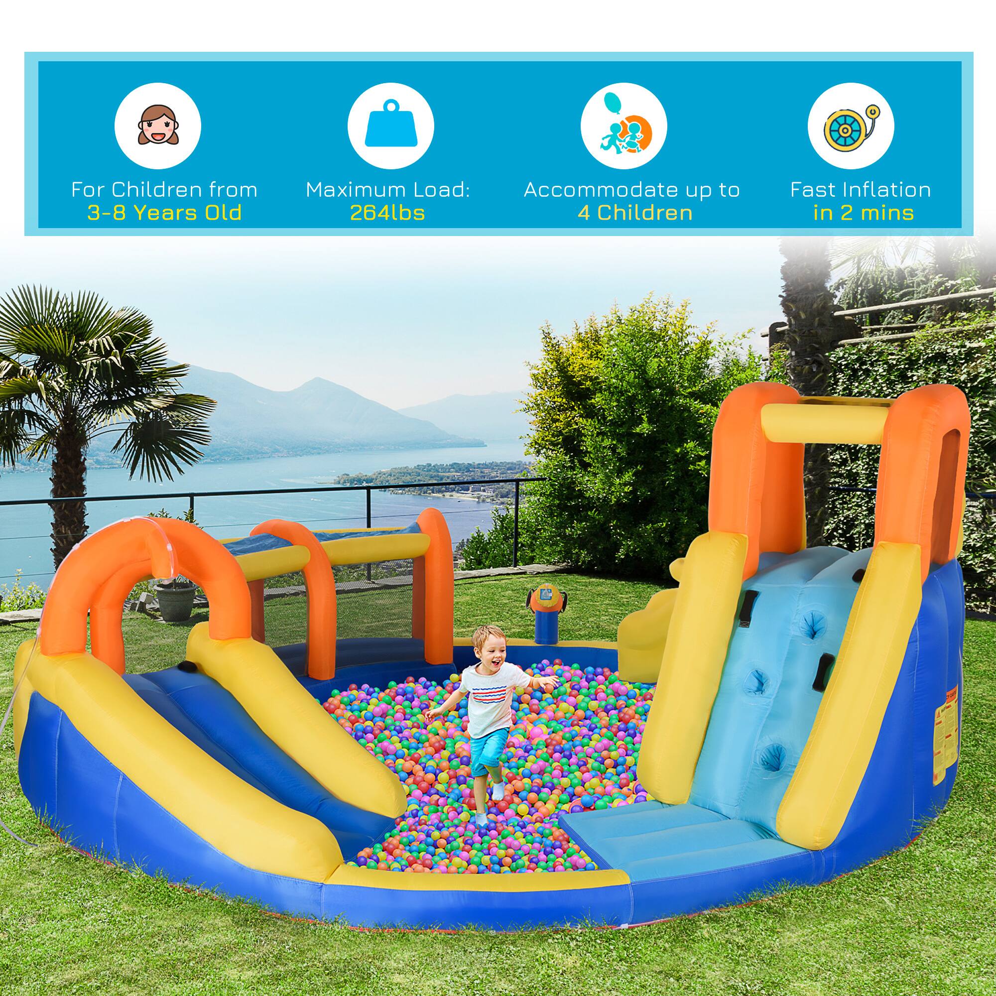 For Children from 3-8 Years Old  
Maximum Load: 264lbs  
Accommodate up to 4 Children  
Fast Inflation in 2 mins