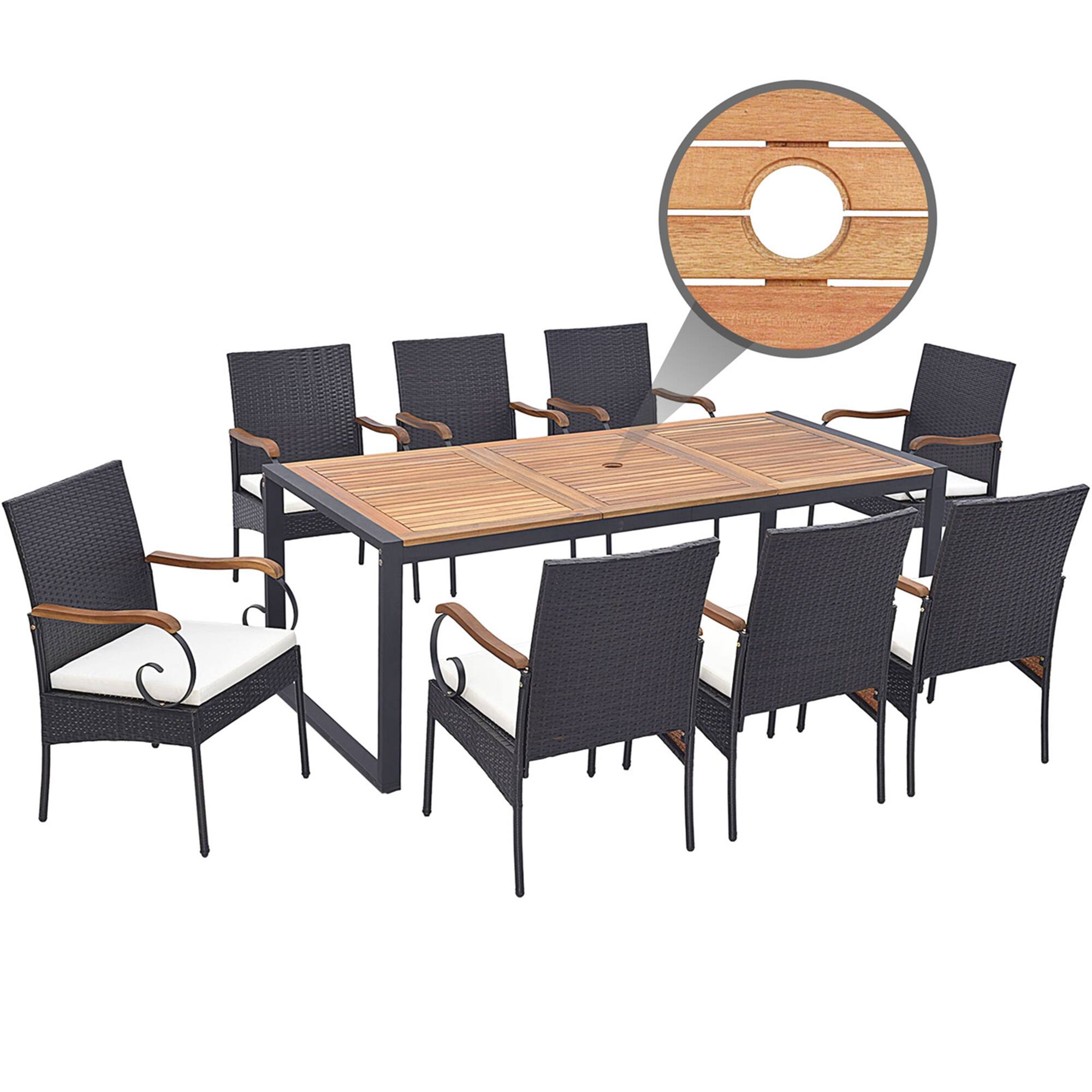 Alt View 1. Gymax - Gymax 9 PCS Outdoor Metal Dining Table & Rattan Chairs w/ Acacia Wood Table - Mix Brown, Off White.
