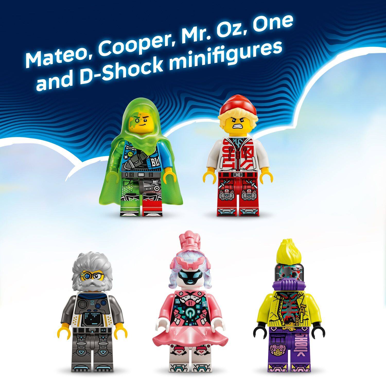 Mateo, Cooper, Mr. Oz, One and D-Shock minifigures
