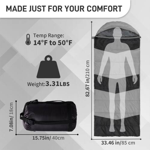MADE JUST FOR YOUR COMFORT

Temp Range: 14°F to 50°F

Weight: 3.31 LBS

Dimensions:
- 7.08 in / 18 cm
- 15.75 in / 40 cm
- 33.46 in / 85 cm

Size:
- 82.67 in / 210 cm
- 33.46 in / 85 cm