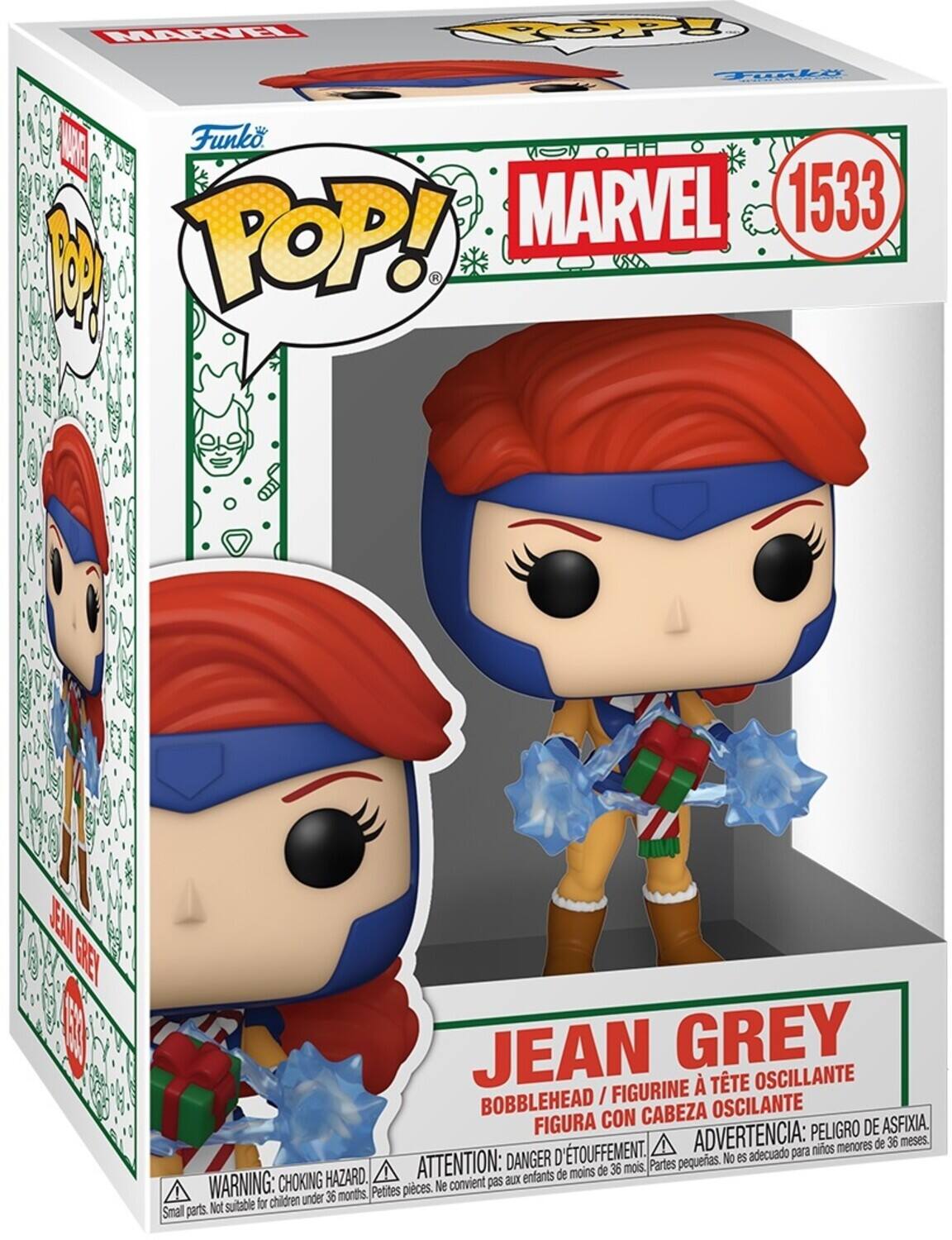 Sure, here is the corrected and grouped text:

---

**Funko POP!**

**MARVEL**

**1533**

**JEAN GREY**

**BOBBLEHEAD / FIGURINE À TÊTE OSCILLANTE / FIGURA CON CABEZA OSCILANTE**

**WARNING: CHOKING HAZARD. Small parts. Not suitable for children under 36 months.**

**ATTENTION: DANGER D'ÉTOUFFEMENT. Petites pièces. Ne convient pas aux enfants de moins de 36 mois.**

**ADVERTENCIA: PEOR DE ASFIXIA. Partes pequeñas. No es adecuado para niños menores de 36 meses.**

---

This text is taken directly from the image and grouped accordingly.